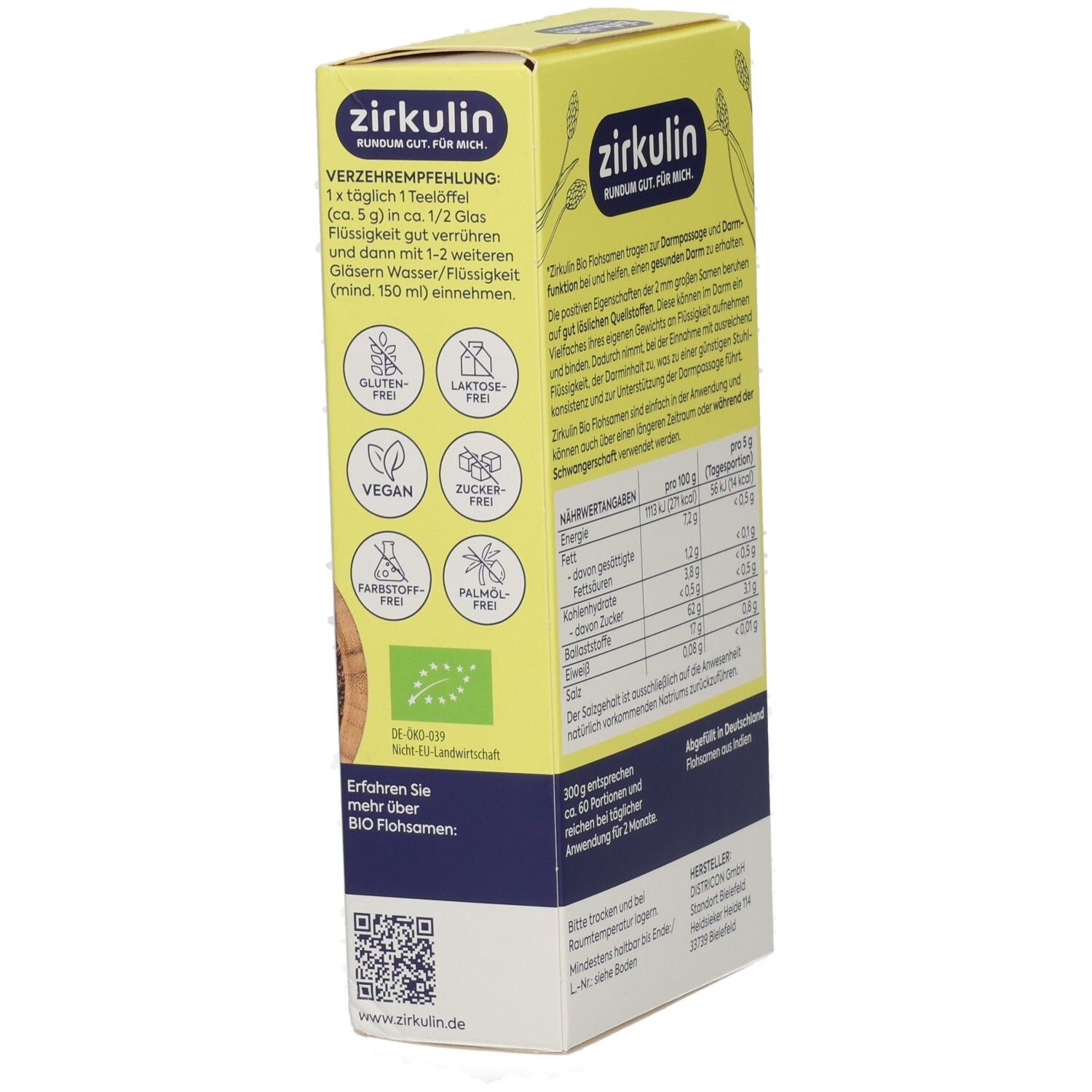Seitenansicht der Zirkulin Bio Flohsamen Packung (300g) mit Verzehrempfehlung und Siegeln.