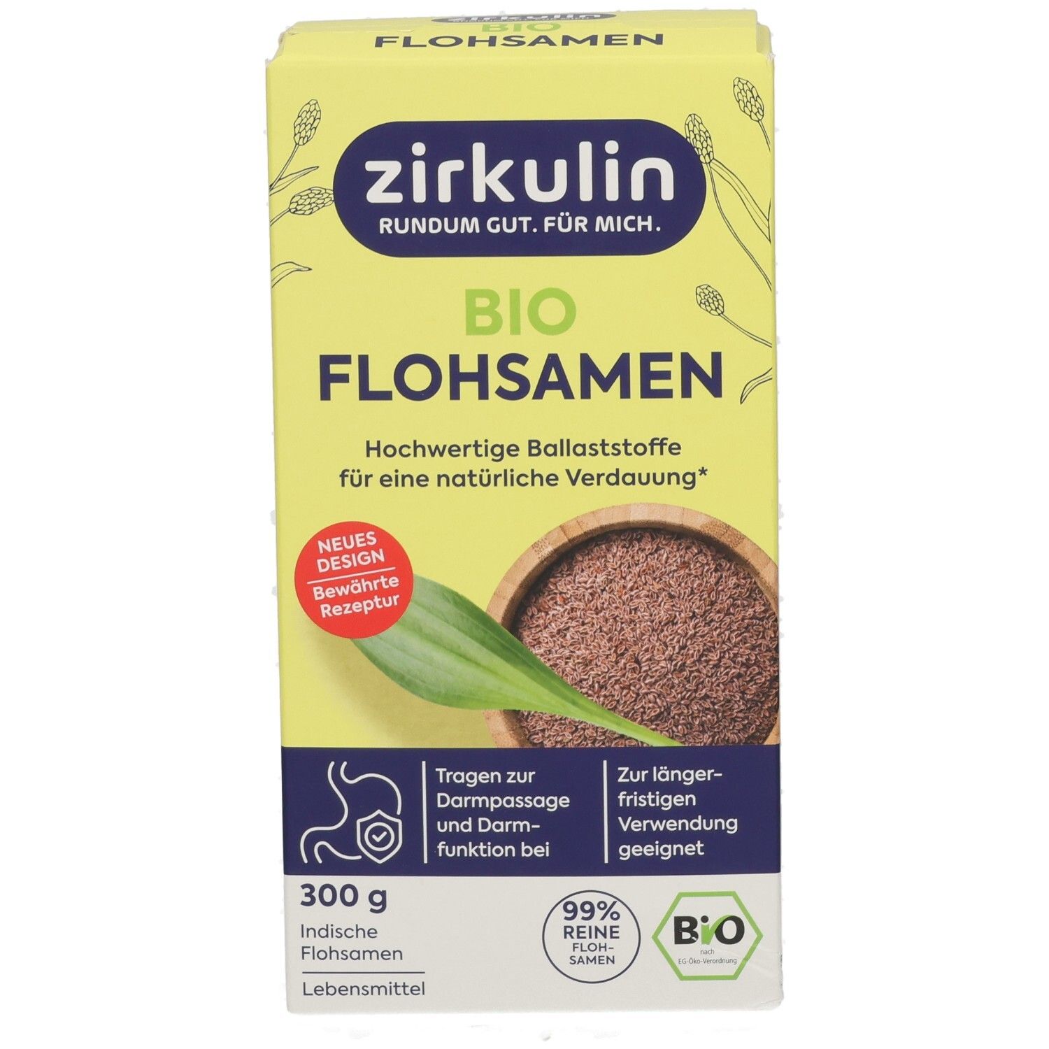 Zirkulin Bio Flohsamen: 300g Packung mit ganzen Samen und einem Blatt. Für natürliche Verdauung.