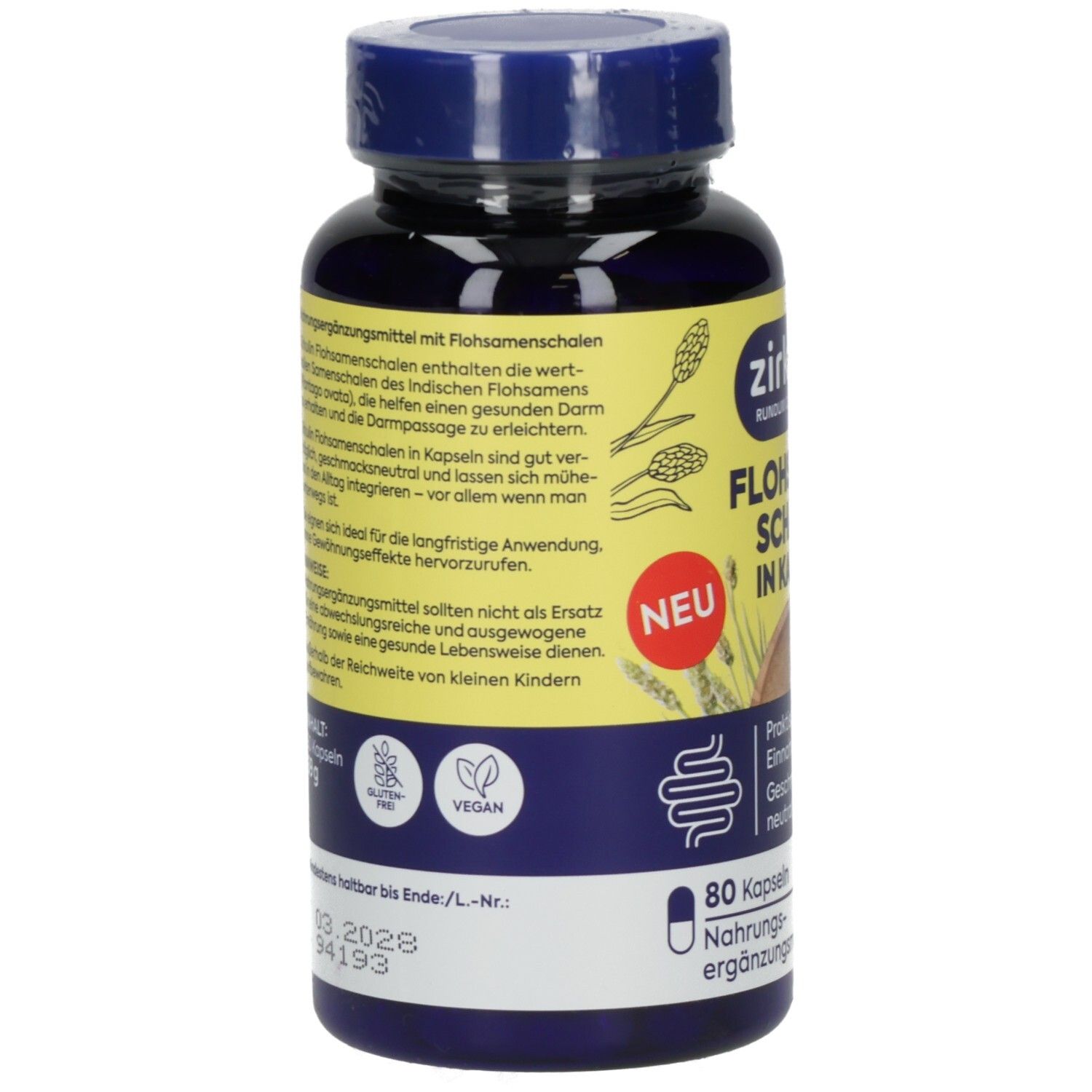 Rückseite einer dunkelblauen Kapsel-Flasche mit gelbem Etikett, Zirkulin Flohsamenschalen, Nährwertangaben, veganes Siegel.