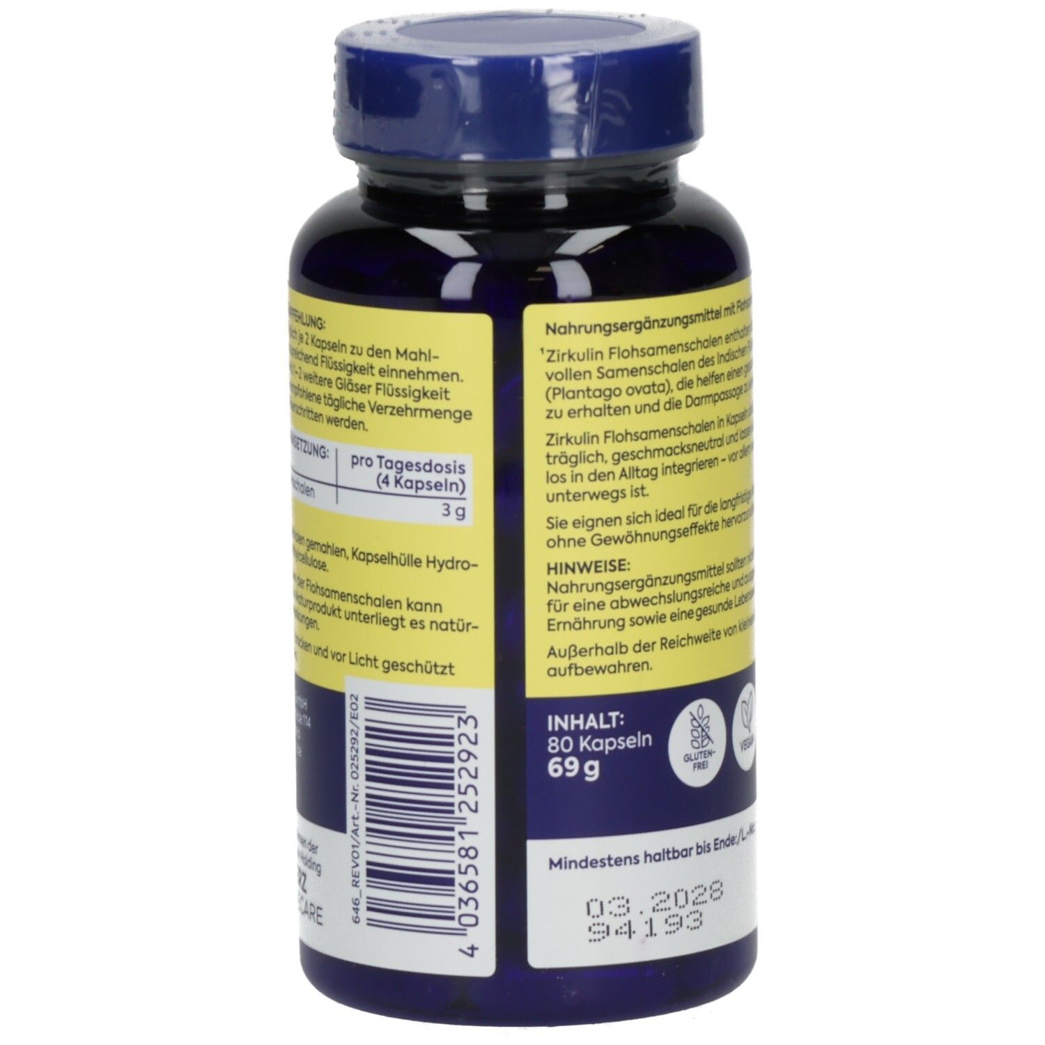 Seitenansicht einer dunkelblauen Kapsel-Flasche mit gelbem Etikett, Zirkulin Flohsamenschalen, Barcode, Haltbarkeitsdatum.