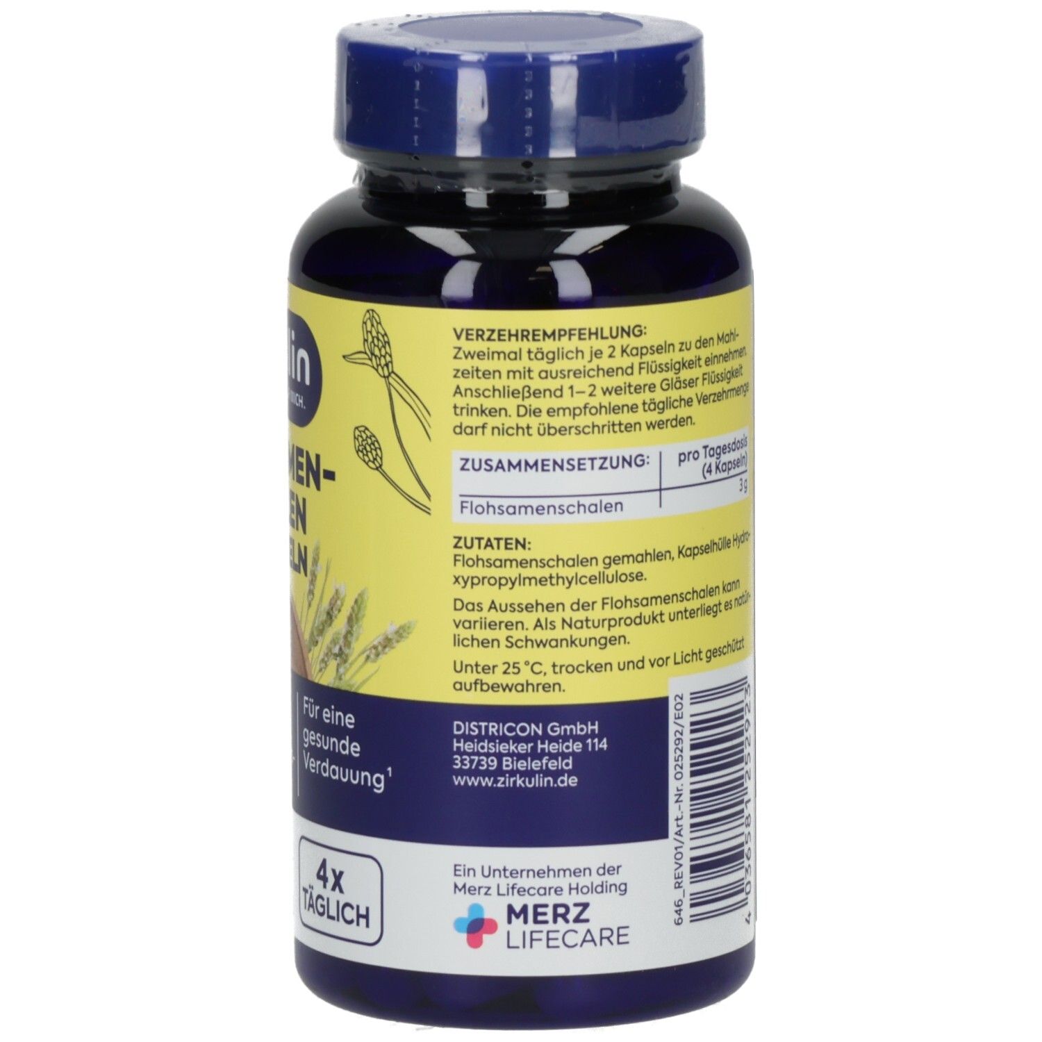 Rückseite einer dunkelblauen Kapsel-Flasche, Zirkulin Flohsamenschalen, Dosierungsempfehlung, Inhaltsstoffe.