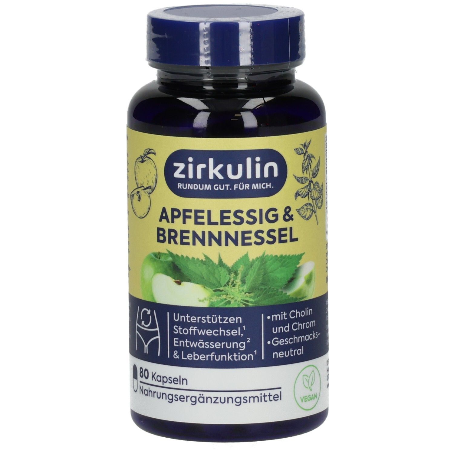 Dunkelblaue Kapsel mit gelbem Etikett, das Äpfel, Brennnesseln und das vegane Siegel zeigt. Enthält 80 Kapseln.