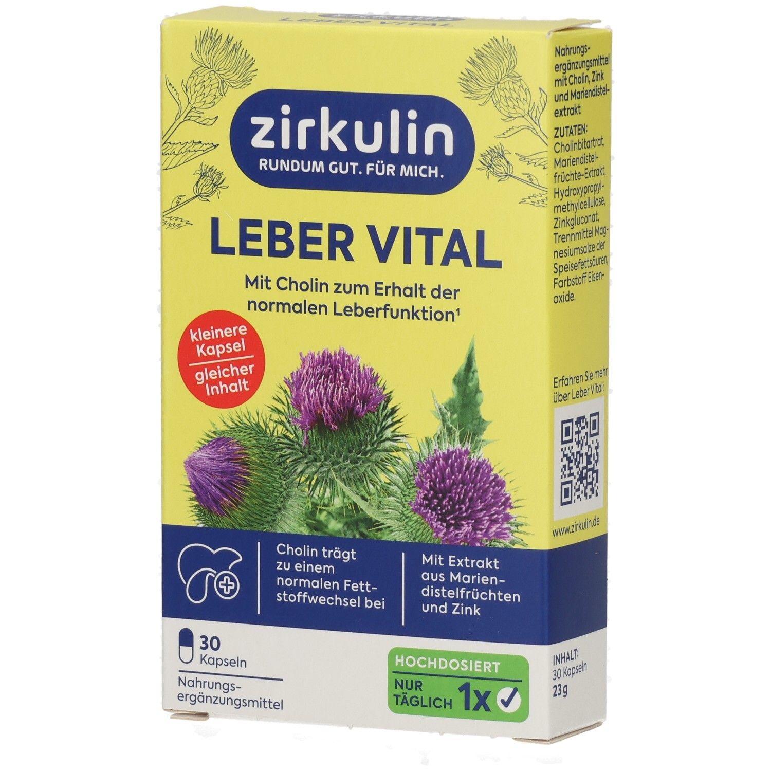 Zirkulin Leber Vital Packung mit 30 Kapseln, Fokus auf Mariendistelfrüchte und Zink für normale Leberfunktion.