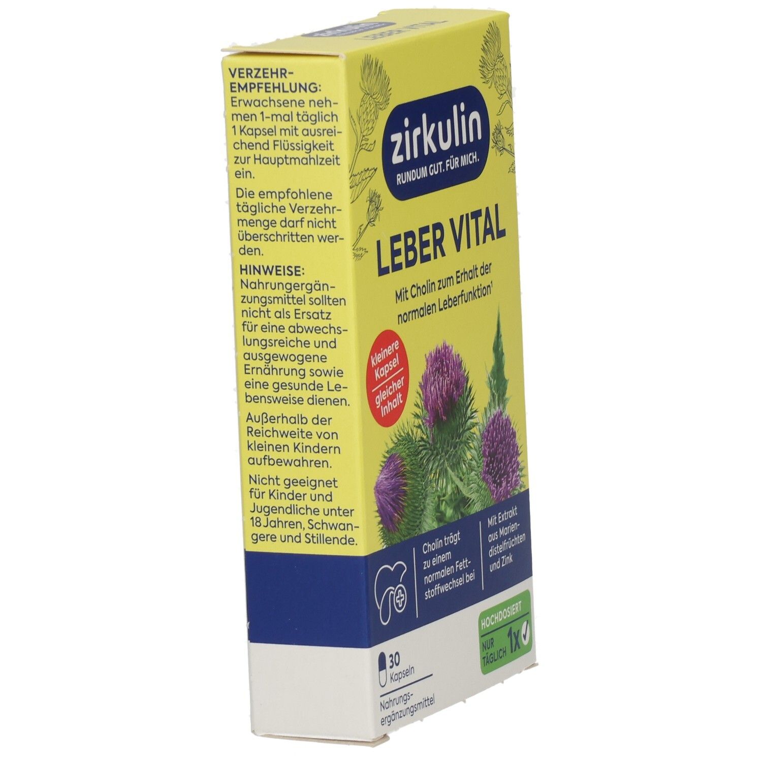 Rückseite der Zirkulin Leber Vital Packung mit Einnahmeempfehlung und Hinweisen, 30 Kapseln.