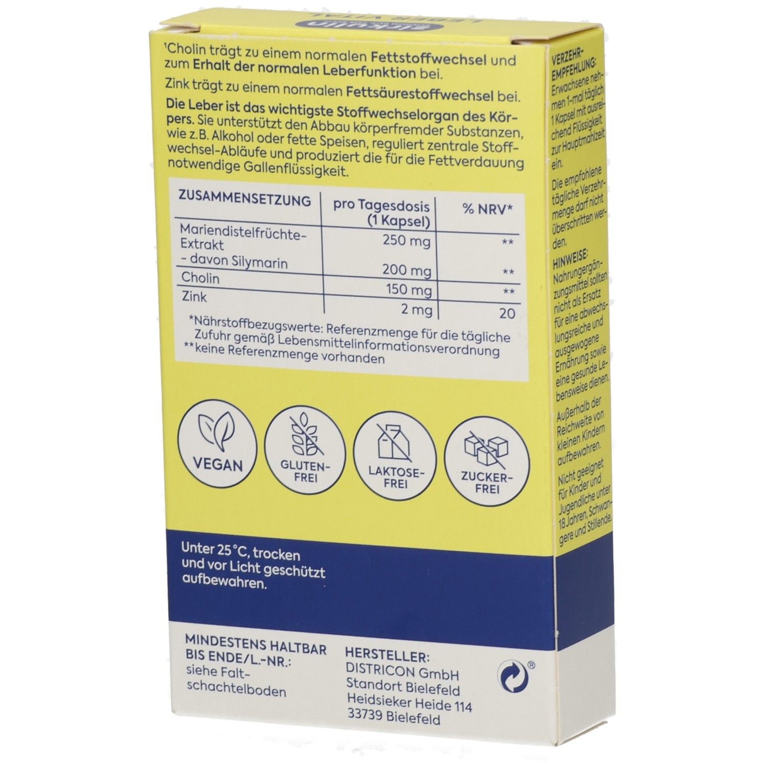 Seitenansicht der Zirkulin Leber Vital Packung mit Zutatenliste, Nährwertangaben und Siegeln (Vegan, Glutenfrei).