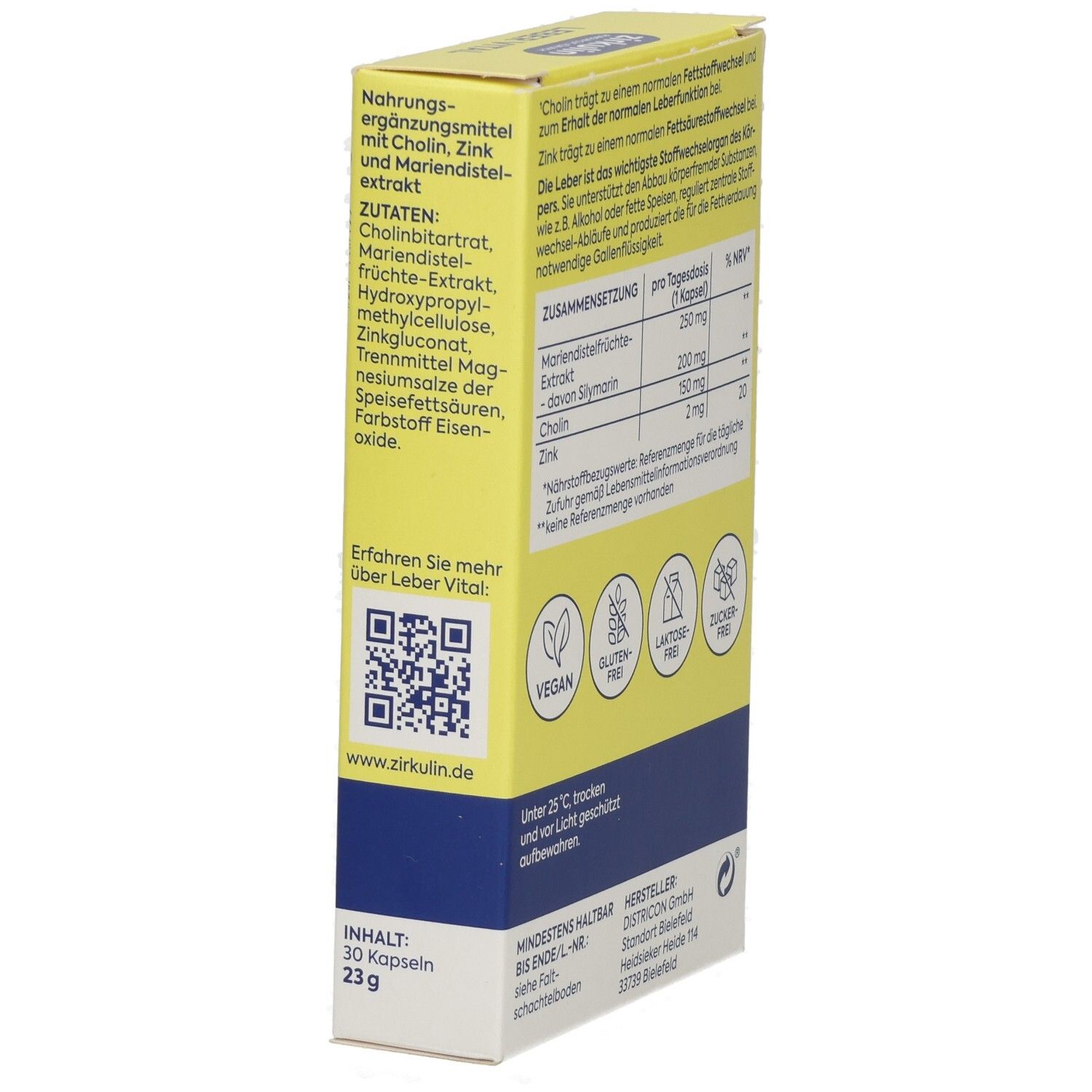 Andere Seitenansicht der Zirkulin Leber Vital Packung mit QR-Code, Website und Siegeln (Vegan, Glutenfrei).
