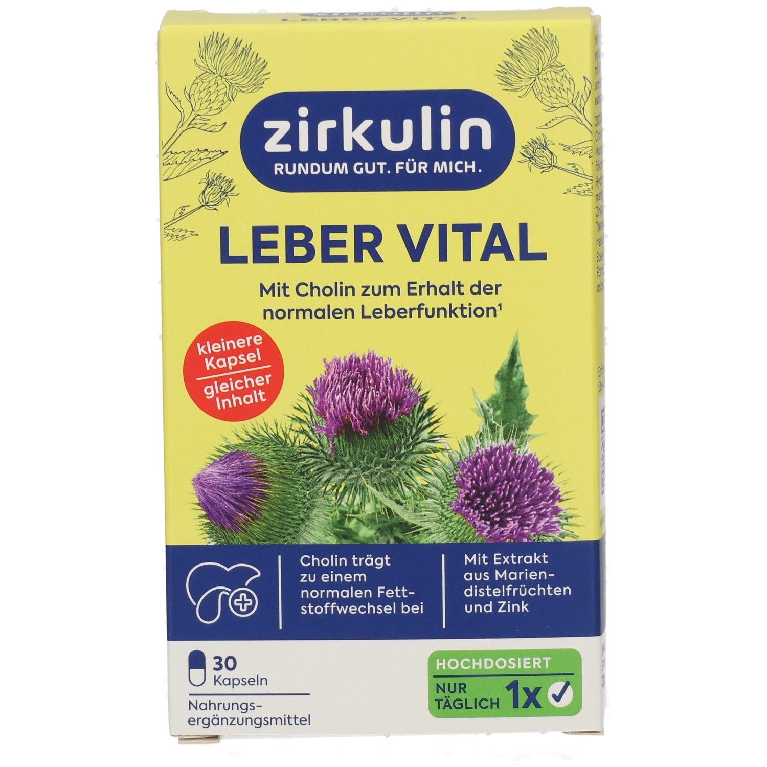 Vorderseite der Zirkulin Leber Vital Packung mit Mariendistel-Motiv, 30 Kapseln, für normale Leberfunktion.