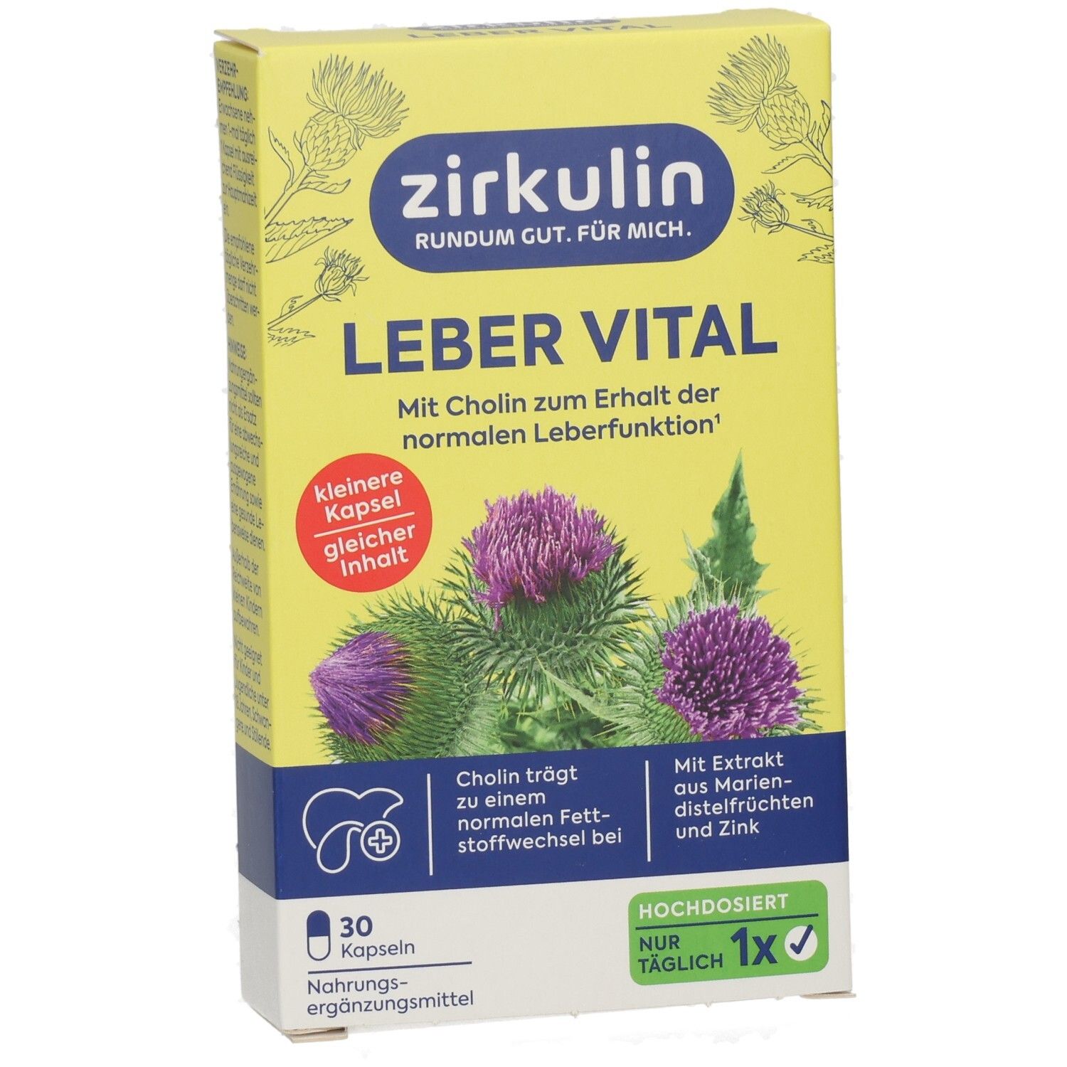Vorderseite der Zirkulin Leber Vital Packung, Fokus auf Mariendistel-Extrakt und Cholin, 30 Kapseln.