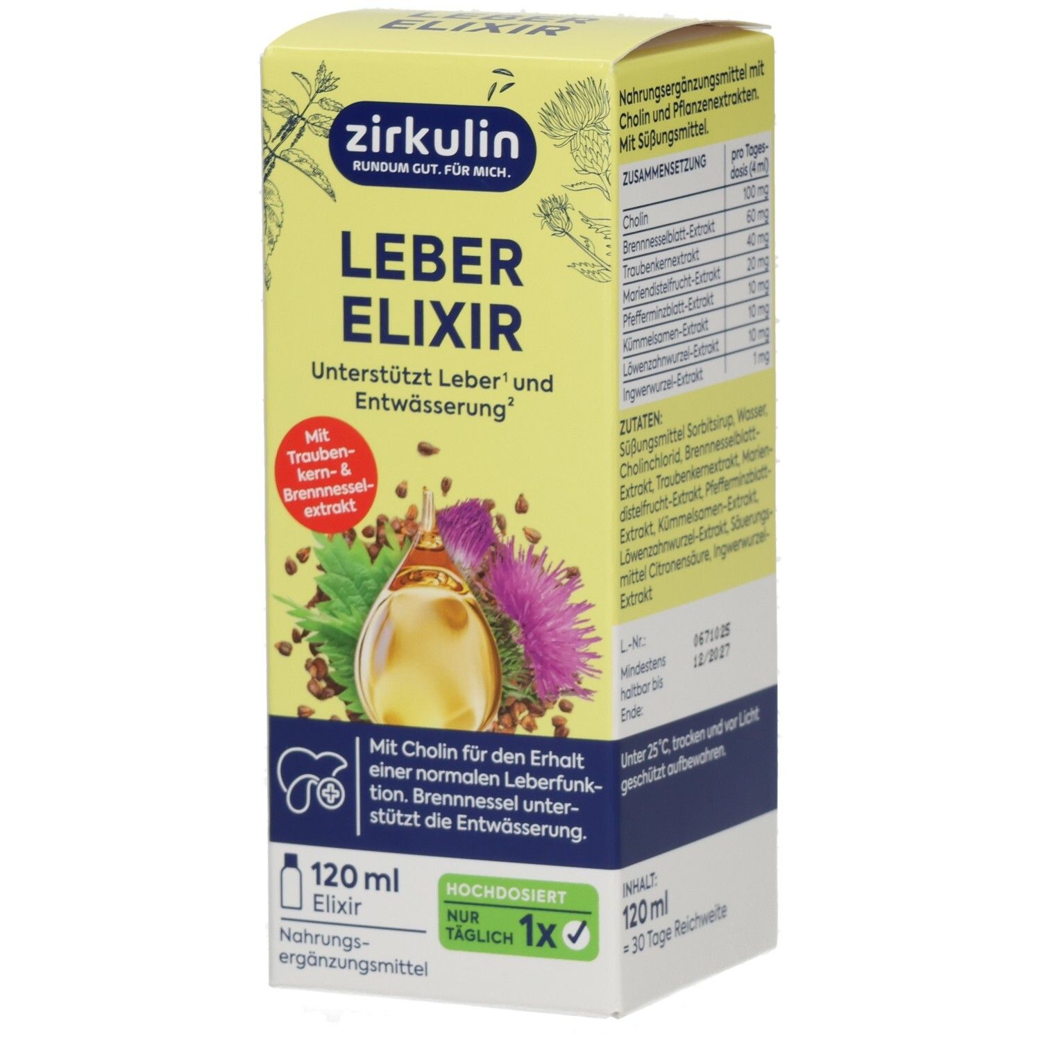 Zirkulin Leber Elixir Karton mit Abbildung von Kräutern und Tropfen.