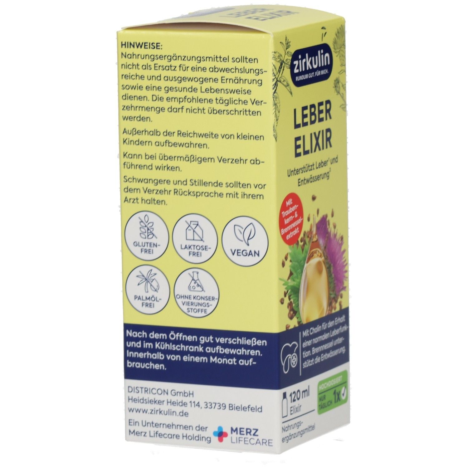 Rückseite der Zirkulin Leber Elixir Verpackung mit Siegeln für Glutenfrei, Laktosefrei, Vegan.