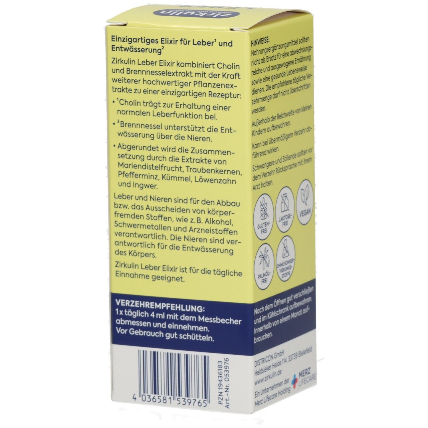 Seitenansicht der Zirkulin Leber Elixir Verpackung mit Einnahmeempfehlung und Barcode.