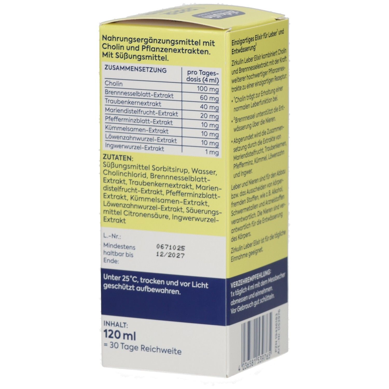 Detailansicht der Zirkulin Leber Elixir Verpackung mit Zutatenliste und Nährwertangaben.