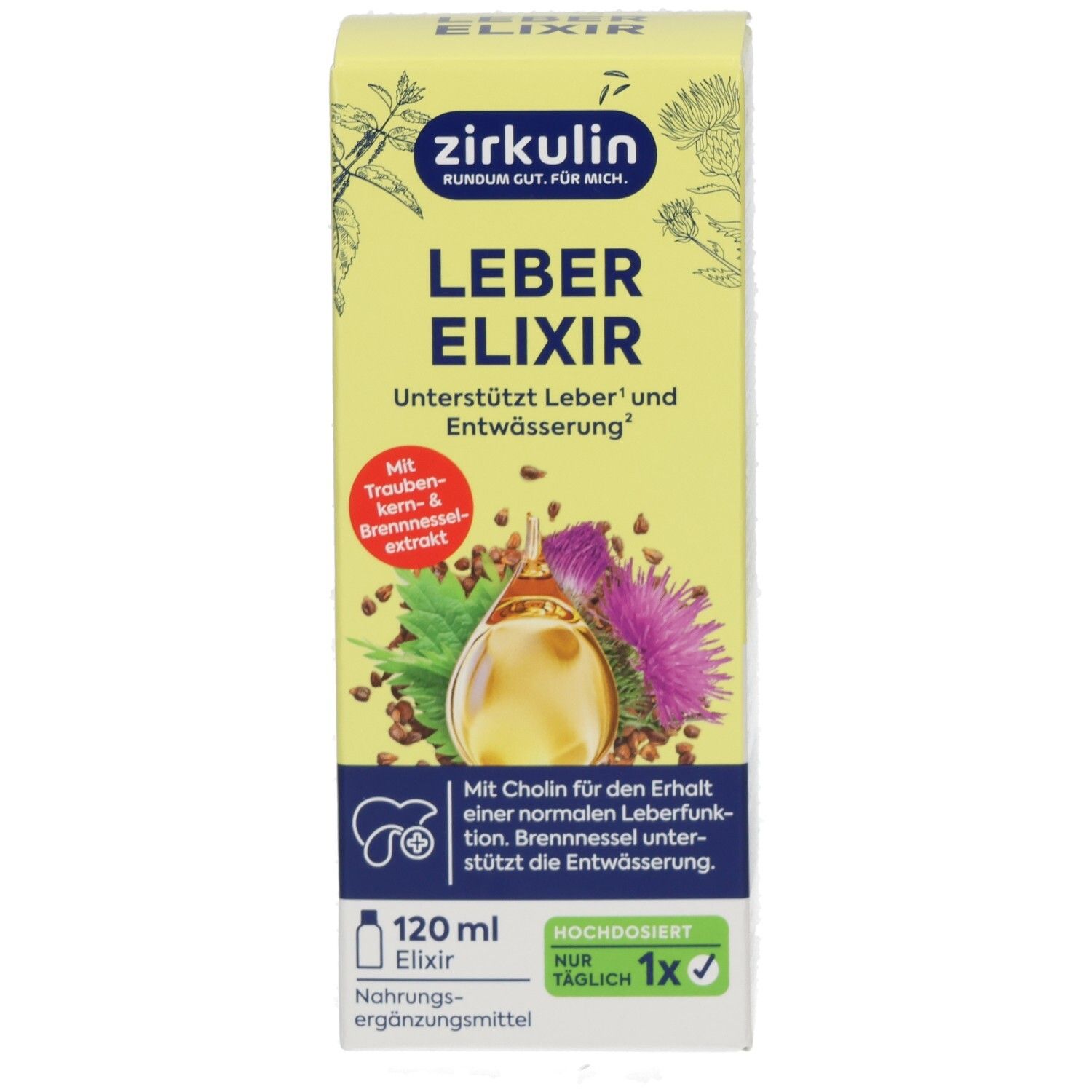 Vorderseite der Zirkulin Leber Elixir Verpackung mit Produktnamen und Kräuterabbildung.