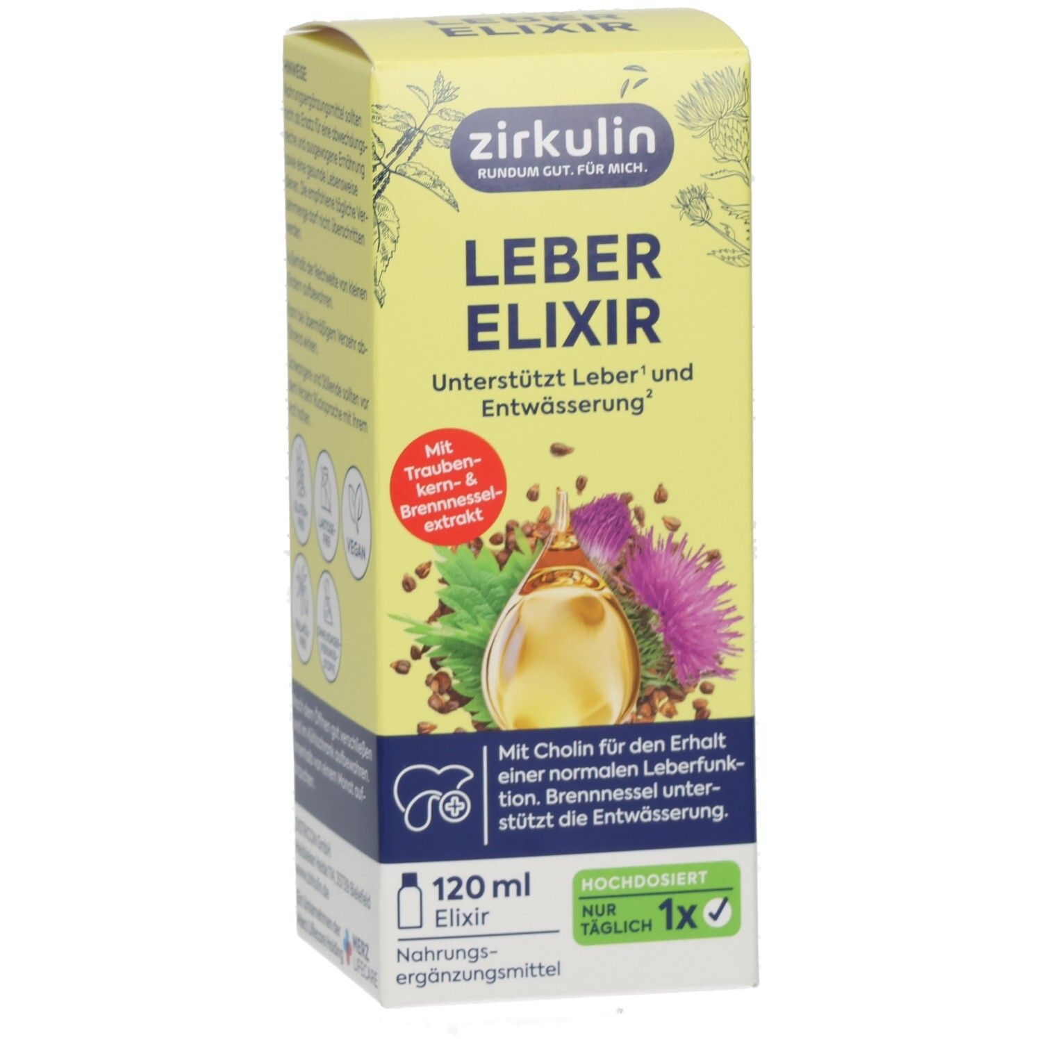Vorderseite der Zirkulin Leber Elixir Verpackung mit Logo, Produktnamen und Kräuterabbildung.