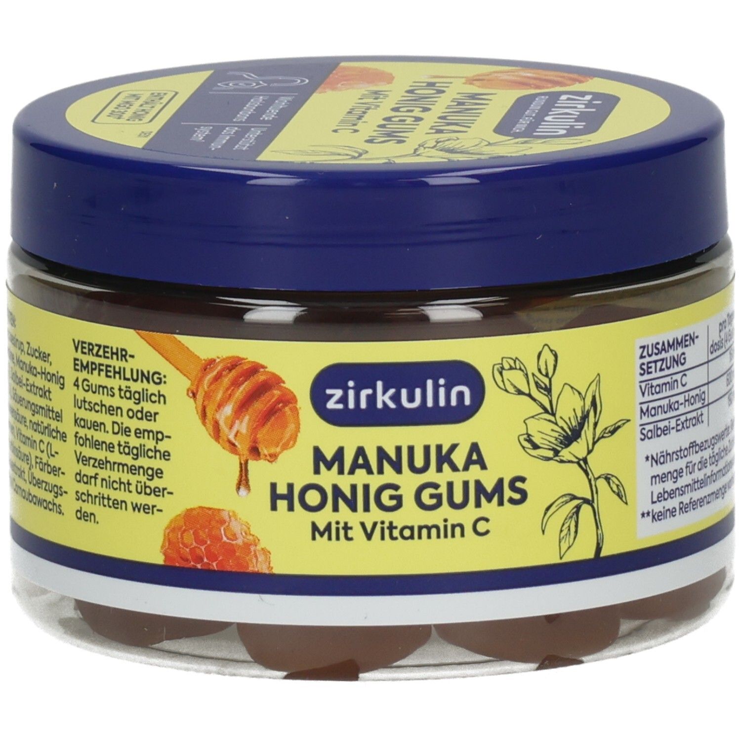 Zirkulin Manuka Honig Gums mit Vitamin C in einem transparenten Behälter mit blauem Deckel.