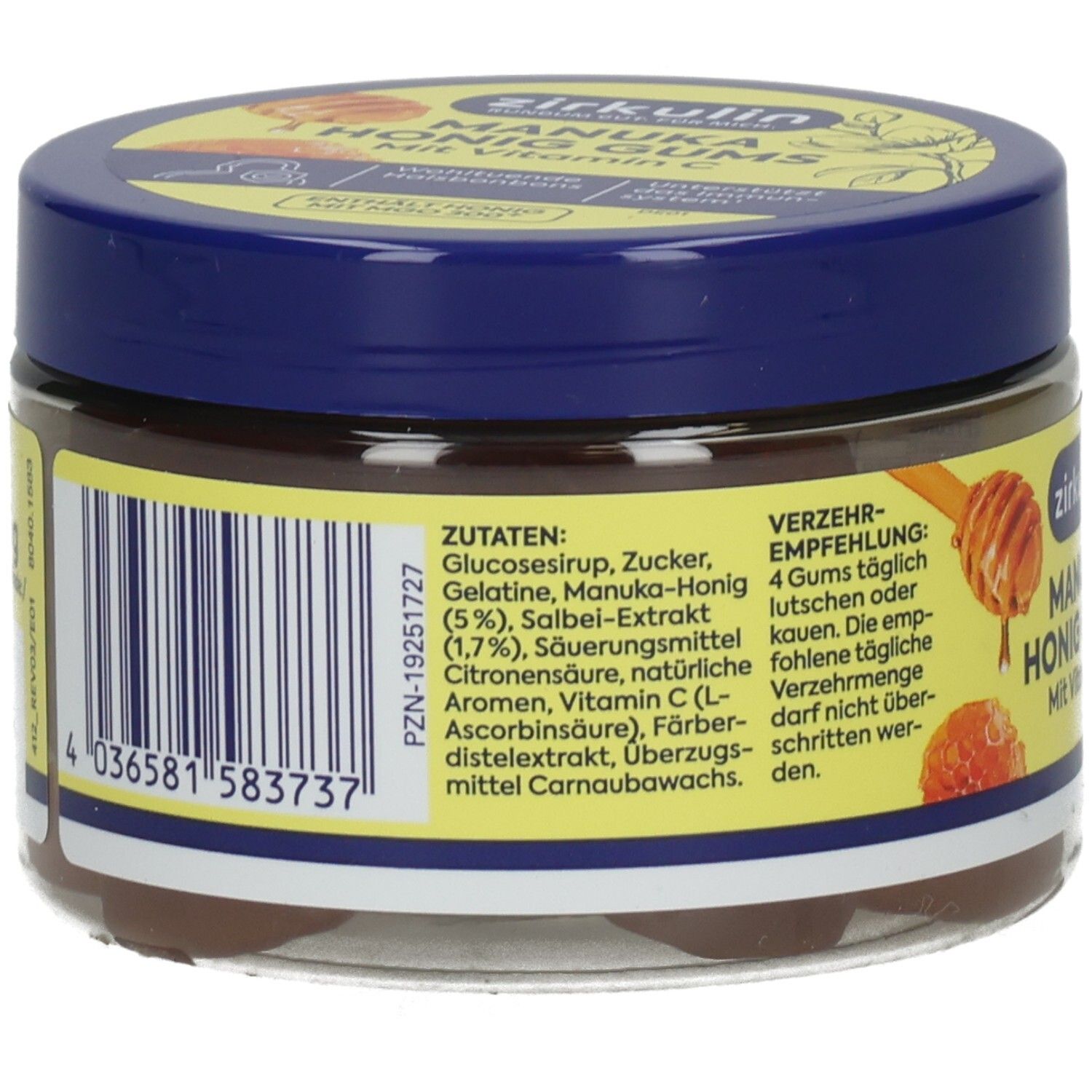 Rückseite eines Behälters Zirkulin Manuka Honig Gums mit Zutatenliste und Verzehrempfehlung.