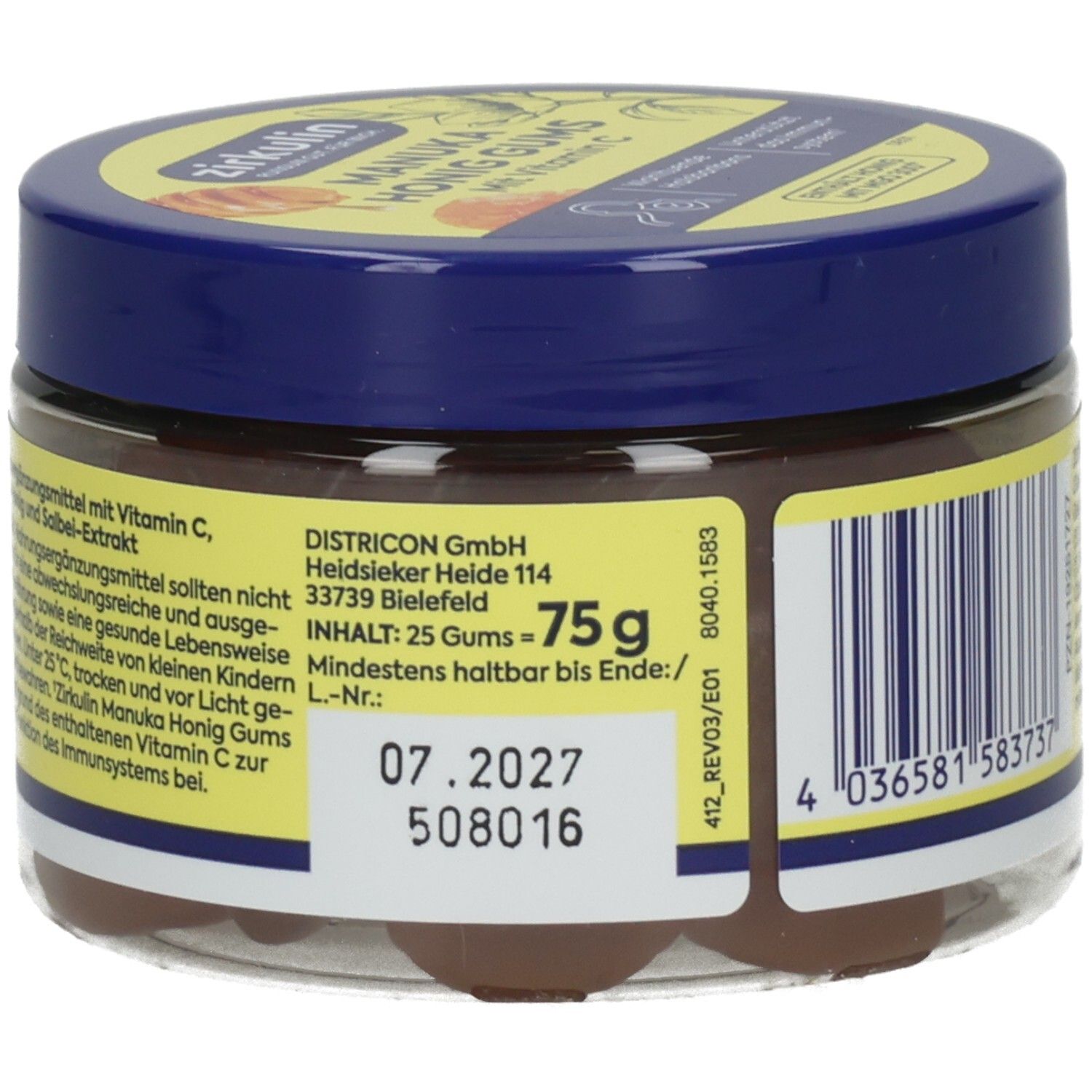 Seite eines Behälters Zirkulin Manuka Honig Gums mit Herstellerangaben, Gewicht und Mindesthaltbarkeitsdatum.