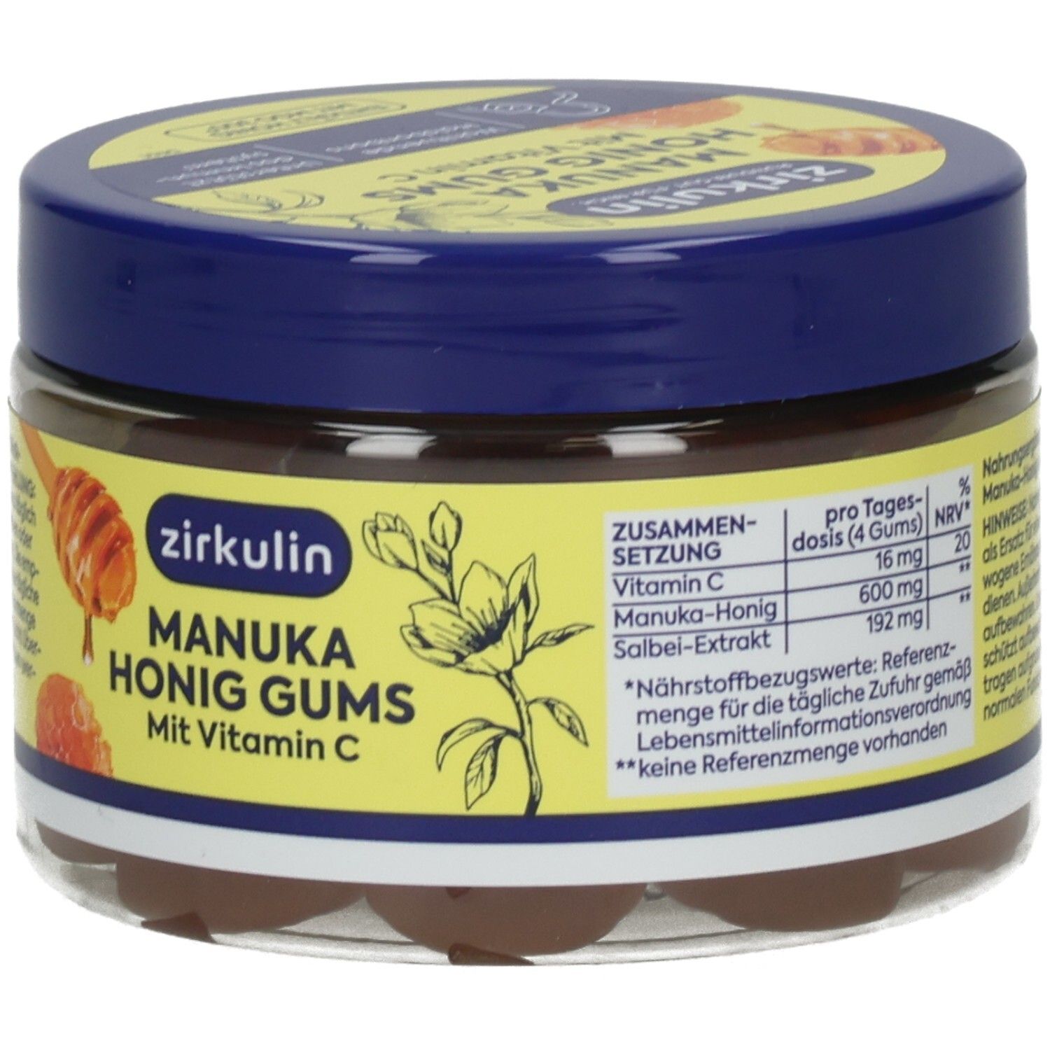 Vorderseite eines Behälters Zirkulin Manuka Honig Gums mit Nährwertangaben und Abbildung von Honig.