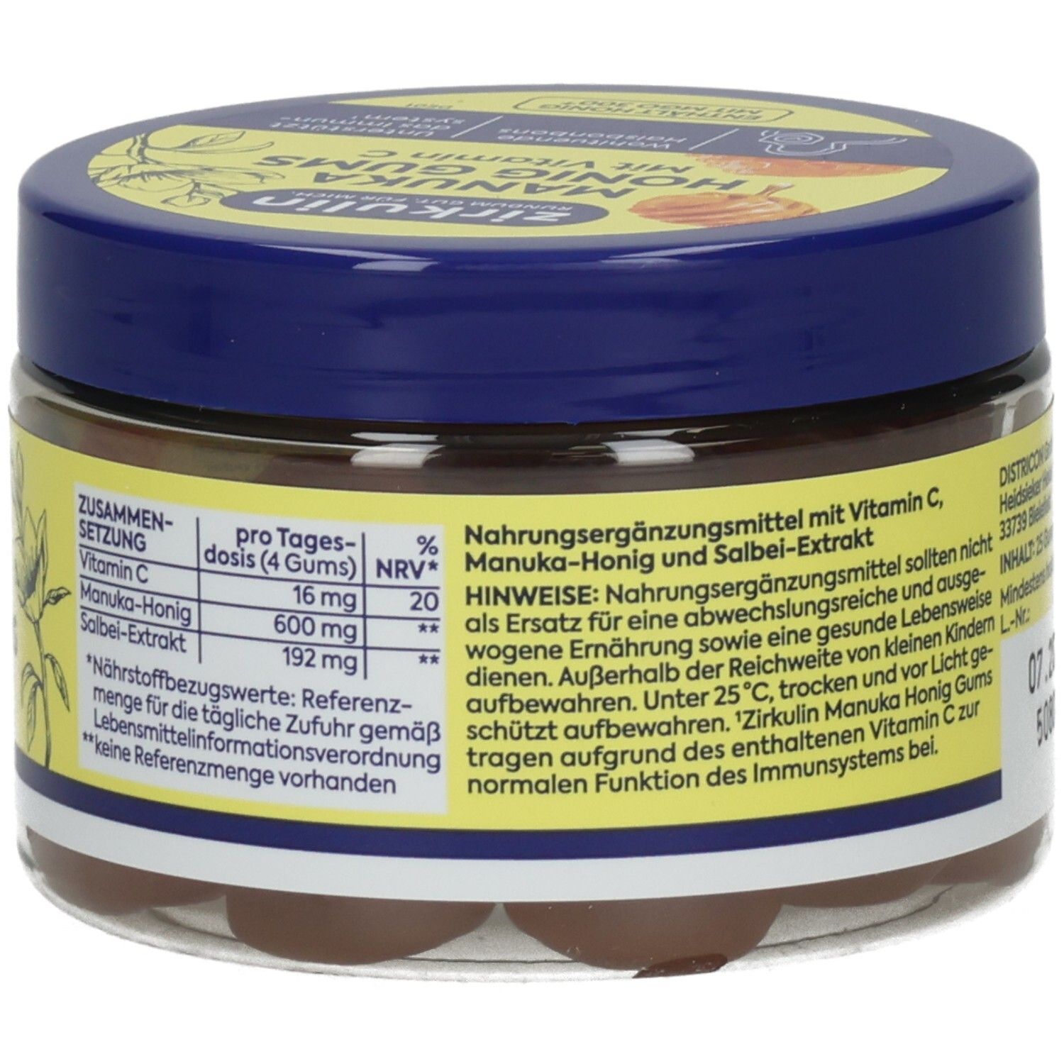 Seitenansicht eines Behälters Zirkulin Manuka Honig Gums mit Nährwertangaben und Hinweisen.