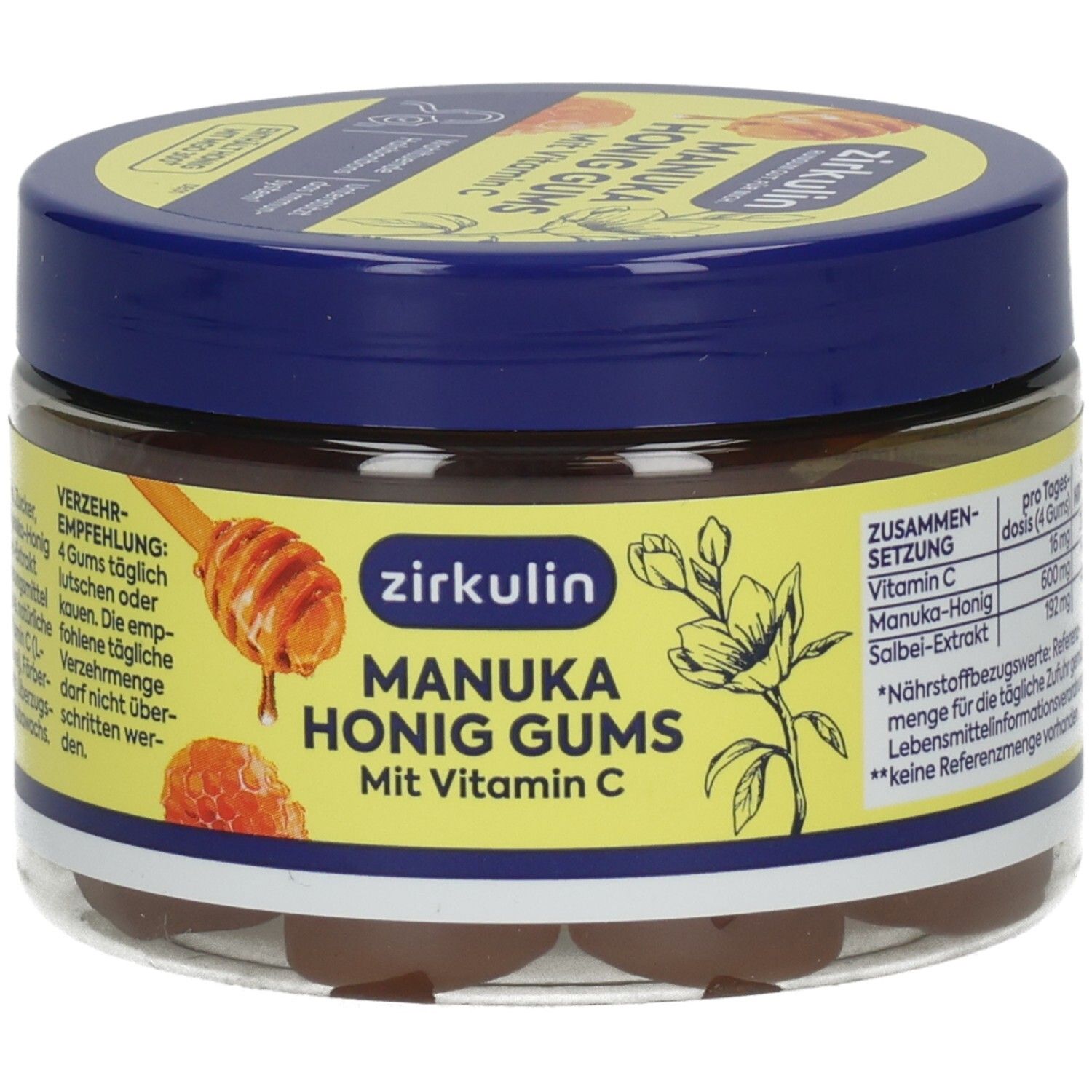 Vorderseite eines Behälters Zirkulin Manuka Honig Gums mit Vitamin C, Abbildung von Honig und Pflanze.