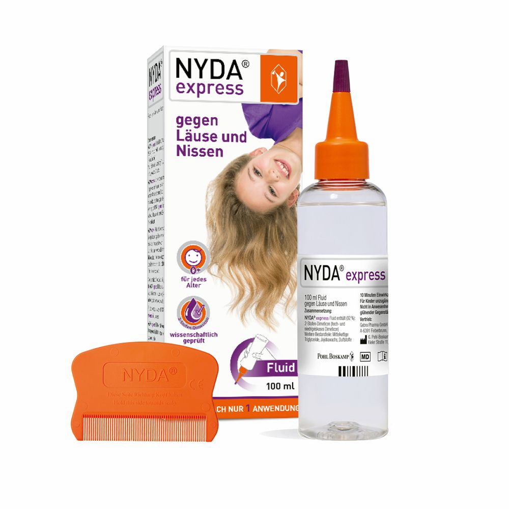NYDA express Fluid Flasche und Karton mit Läusekamm. 100 ml.