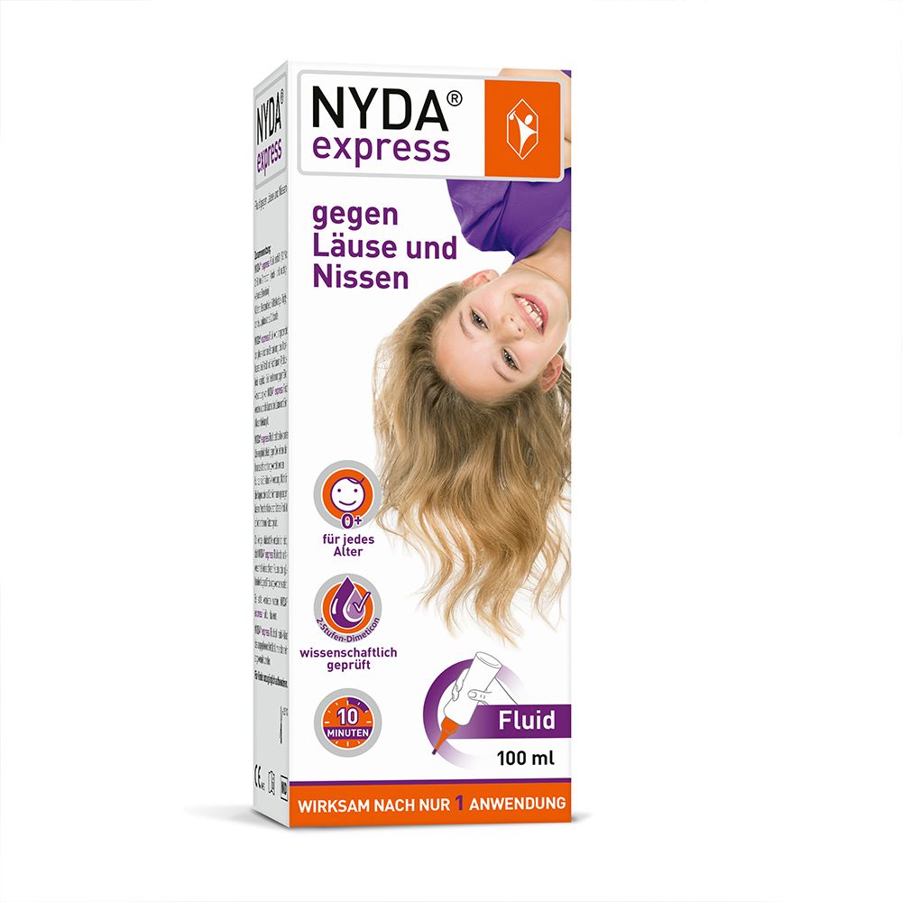 Vorderseite der NYDA express Fluid Verpackung mit Abbildung eines Kindes.
