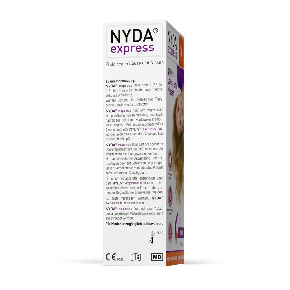 Seitenansicht der NYDA express Fluid Verpackung mit Anwendungshinweisen.
