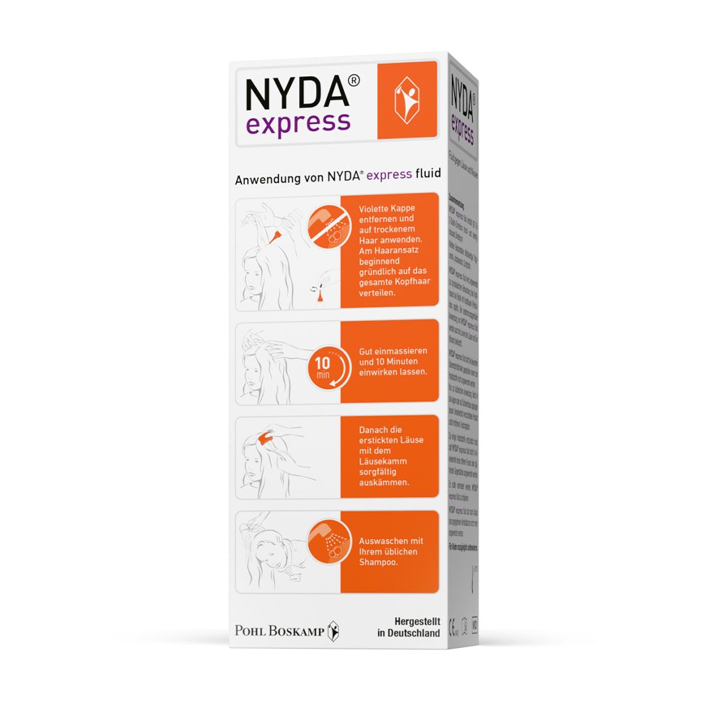 Rückseite der NYDA express Fluid Verpackung mit Anwendungshinweisen.