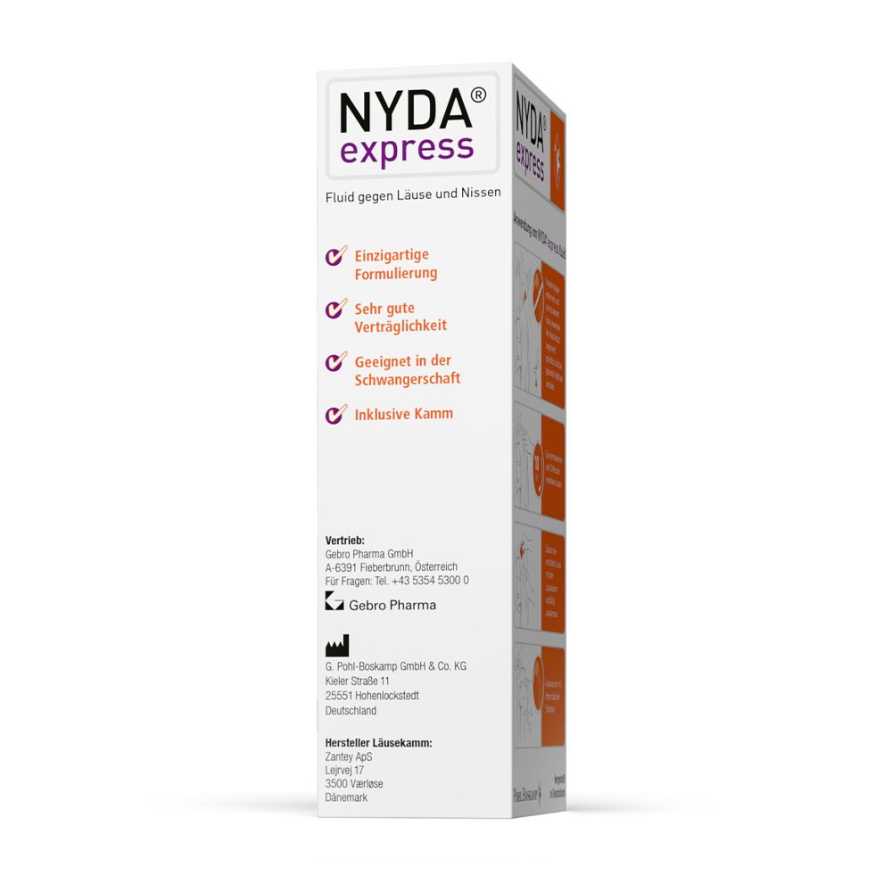 Seitenansicht der NYDA express Fluid Verpackung mit Produktmerkmalen.