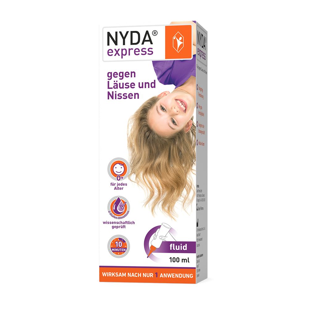 Vorderseite der NYDA express Fluid Verpackung mit Abbildung eines Kindes.