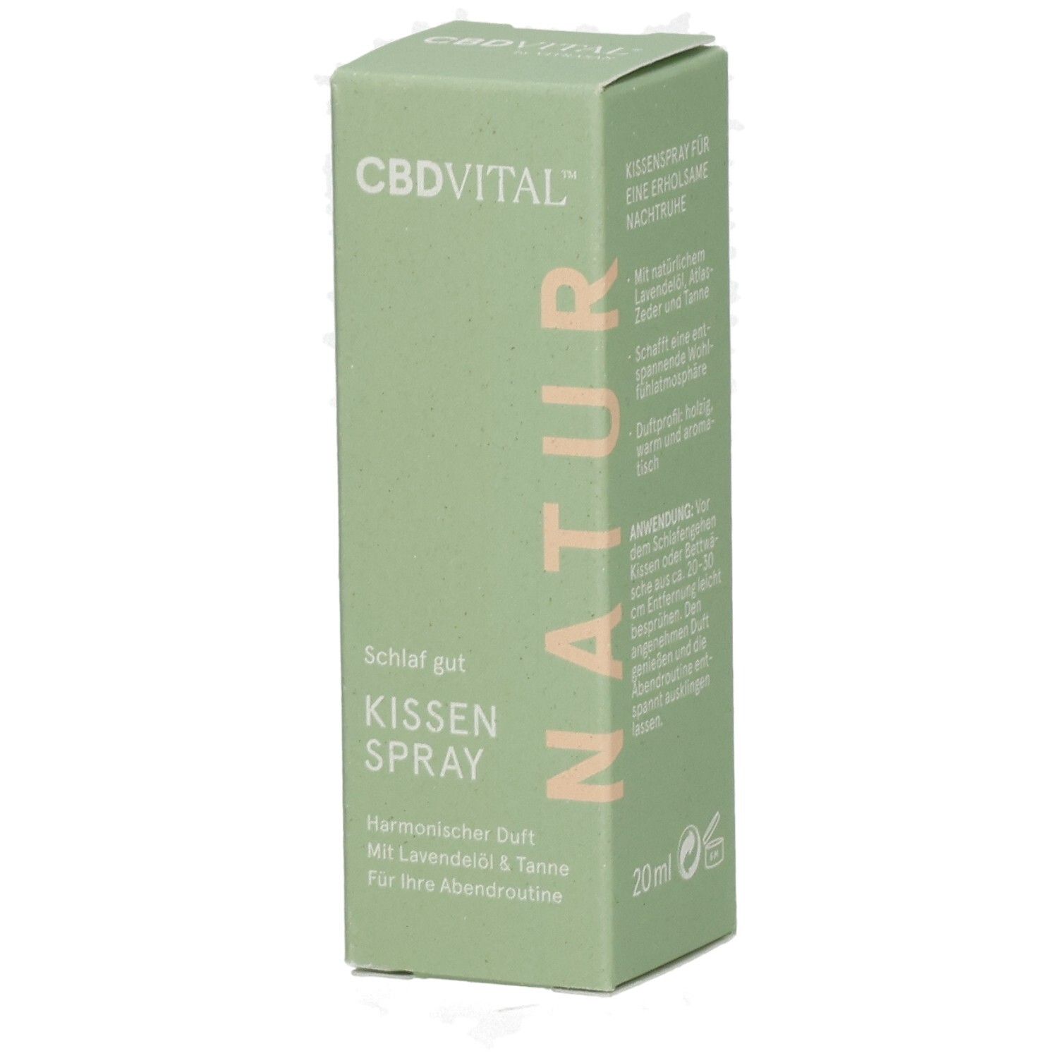 CBDVITAL Kissenspray Schlaf gut, 20ml. Grüne Verpackung mit Text.