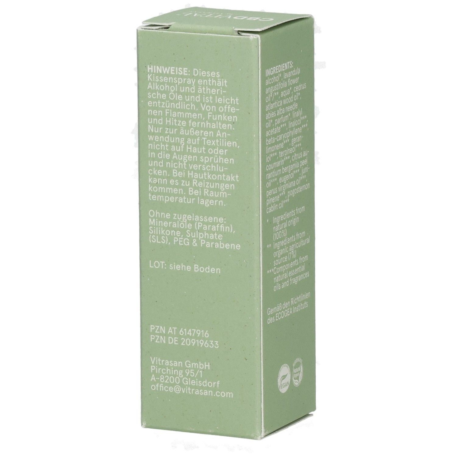 CBDVITAL Kissenspray Schlaf gut, Seite mit Anwendungshinweisen und PZN.