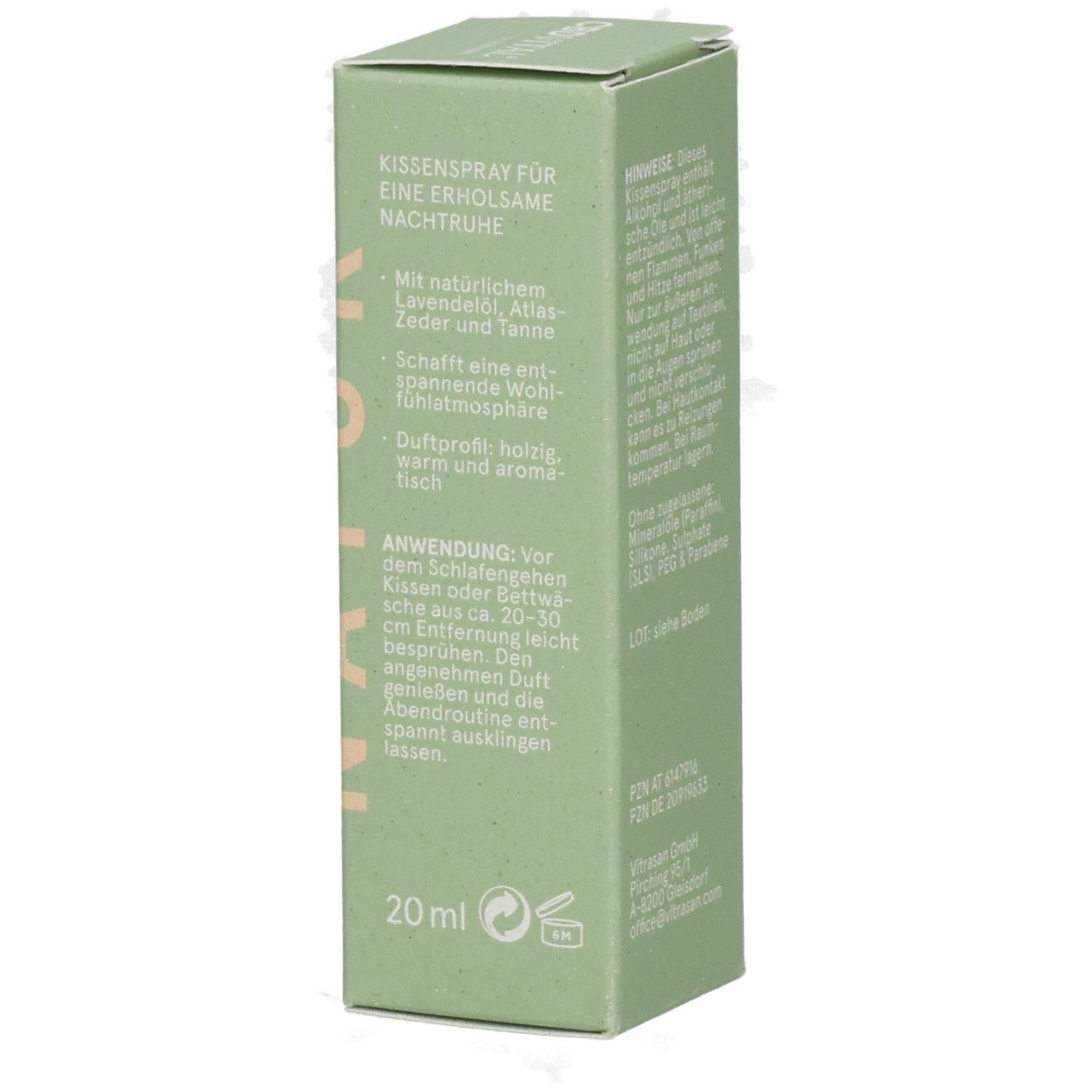 CBDVITAL Kissenspray Schlaf gut, Seite mit Anwendungshinweisen und 20ml Angabe.