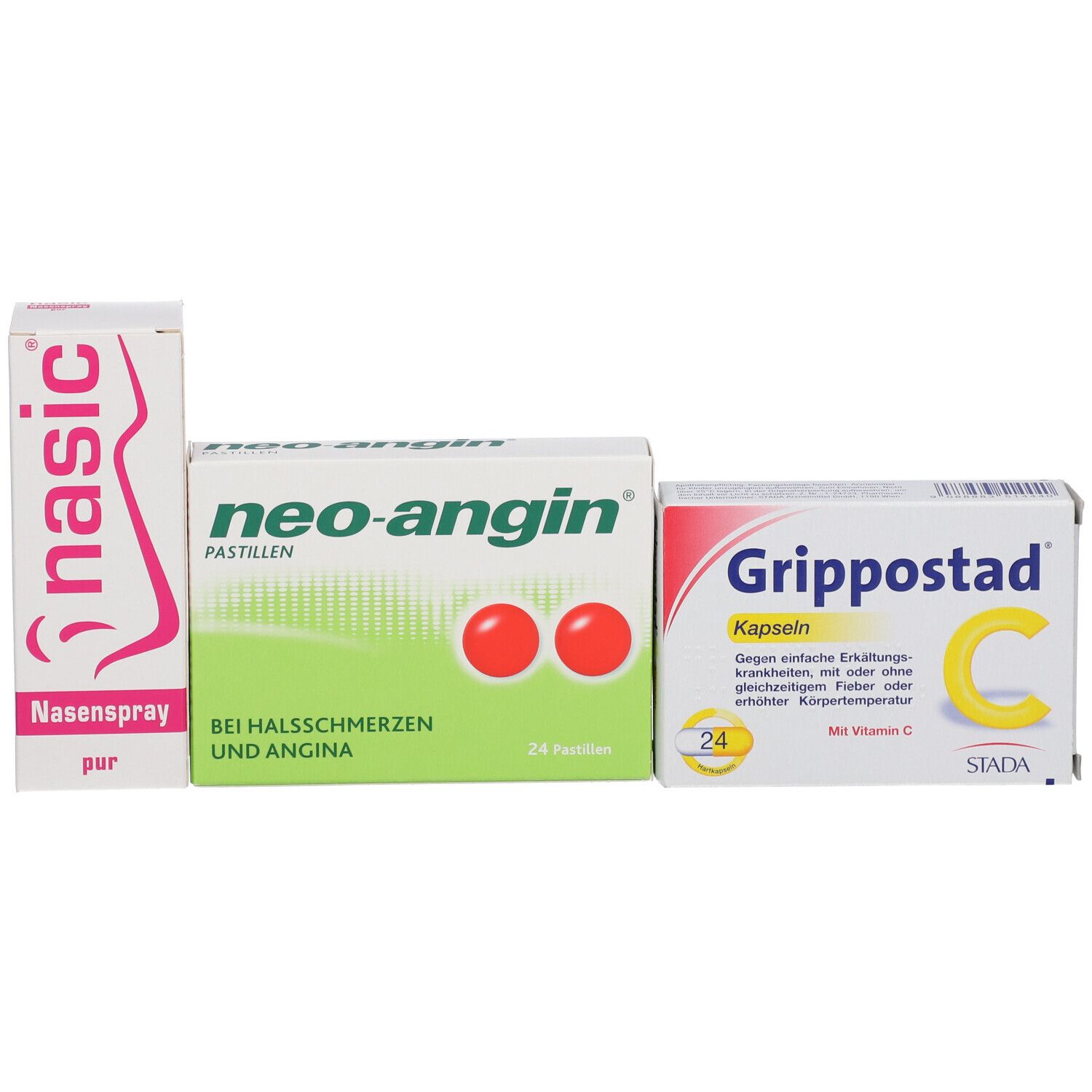 Drei Medikamentenpackungen: Nasenspray, neo-angin Pastillen, Grippostad C Kapseln. Alle in Originalverpackung.