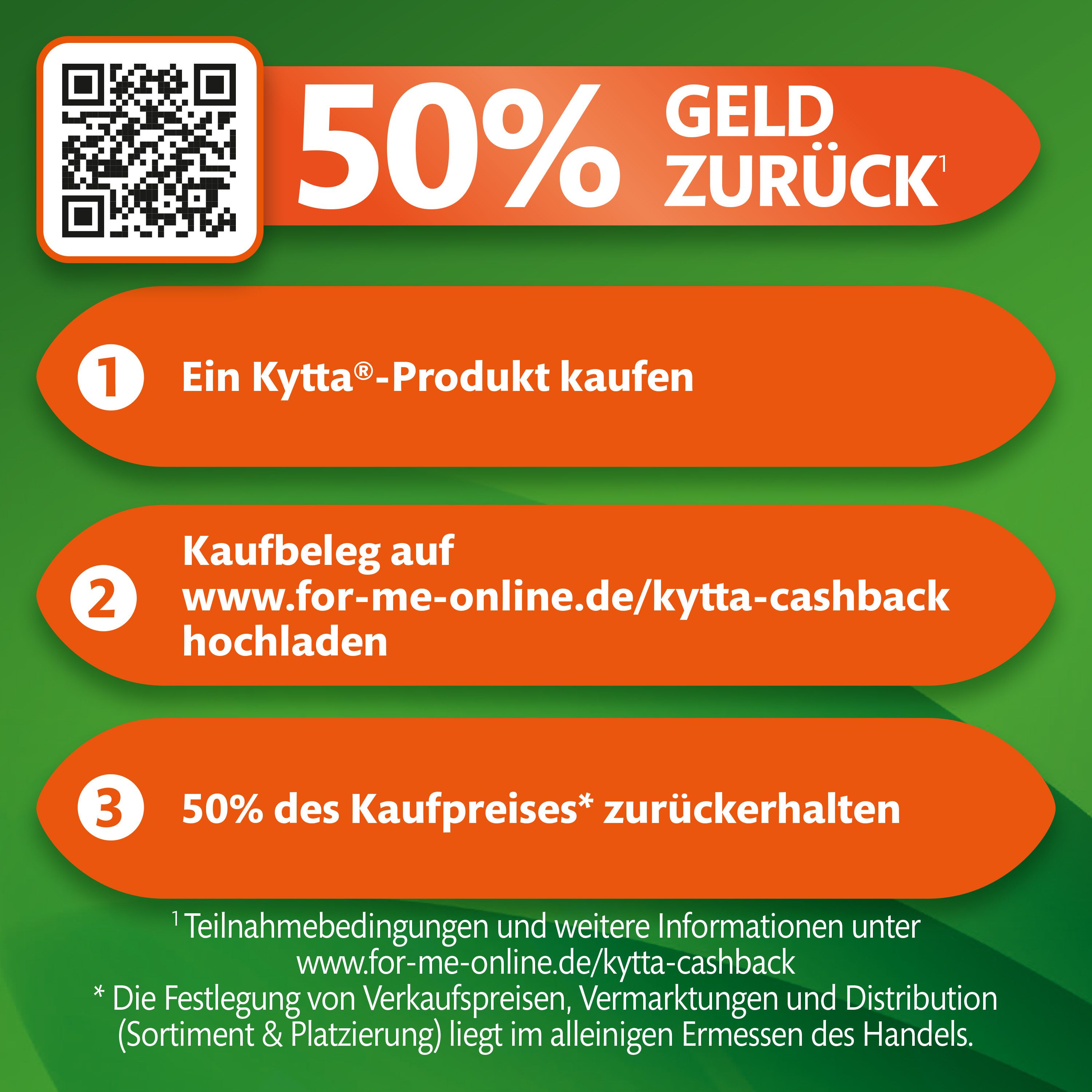 Infografik: 50% Geld zurück. Schritte: Produkt kaufen, Beleg hochladen, 50% des Kaufpreises zurückerhalten. QR-Code.