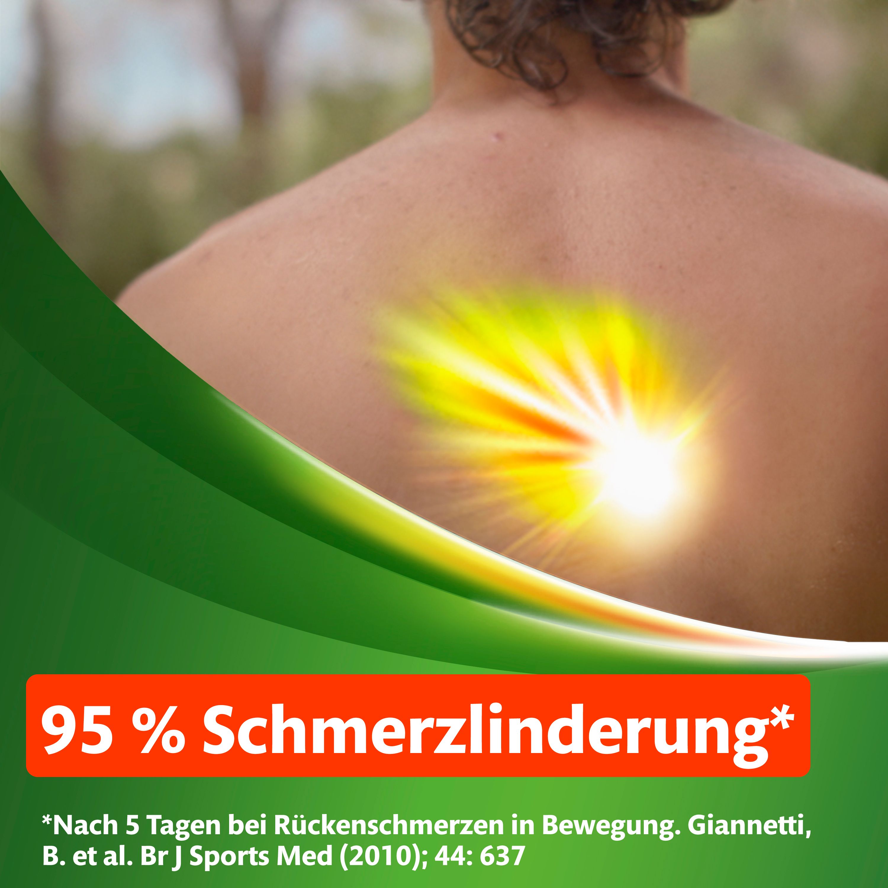 Rückenansicht mit gelbem Lichteffekt. Text: 95 % Schmerzlinderung. Text: Nach 5 Tagen bei Rückenschmerzen in Bewegung.