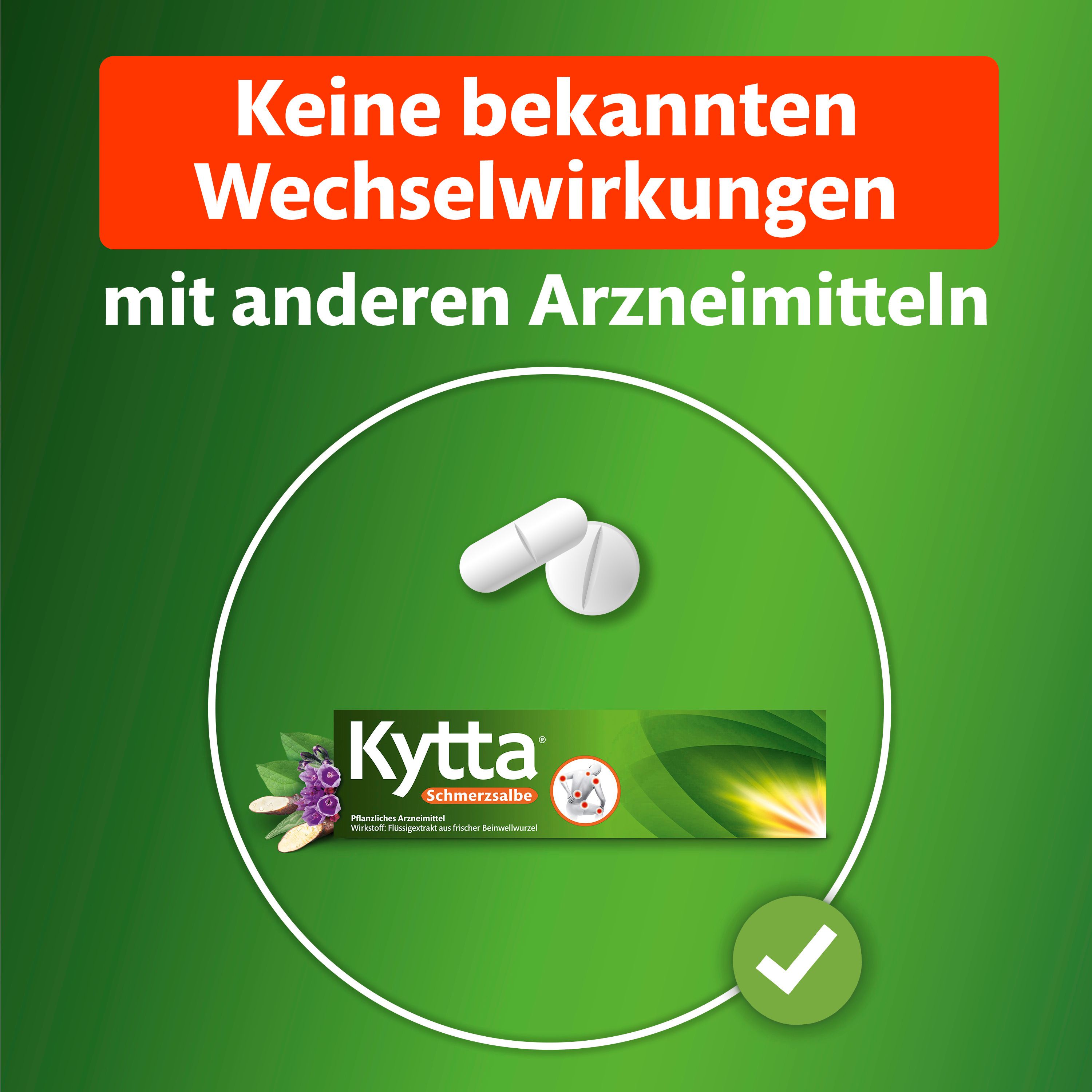 Kreis mit Tabletten, Kytta® Schmerzsalbe und Pflanze. Text: Keine bekannten Wechselwirkungen mit anderen Arzneimitteln.