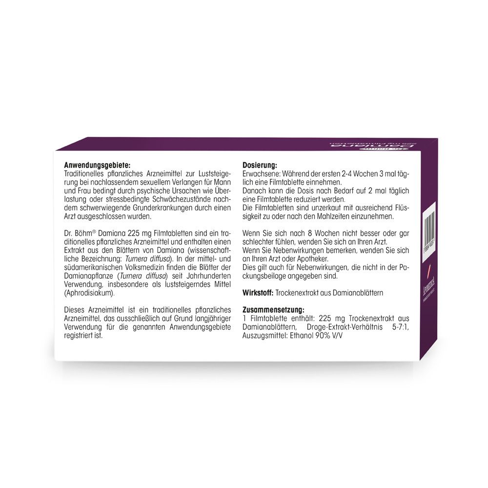 Rückseite der Dr. Böhm® Damiana 225 mg Filmtabletten-Verpackung.  Text: Anwendung, Dosierung, Zusammensetzung.
