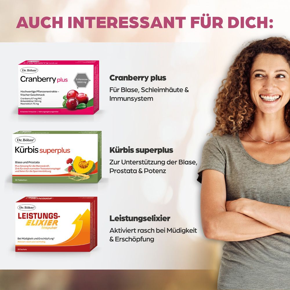 Frau neben Produktboxen.  Cranberry plus, Kürbis superplus, Leistungs-Elixier.  Dr. Böhm® Logo.