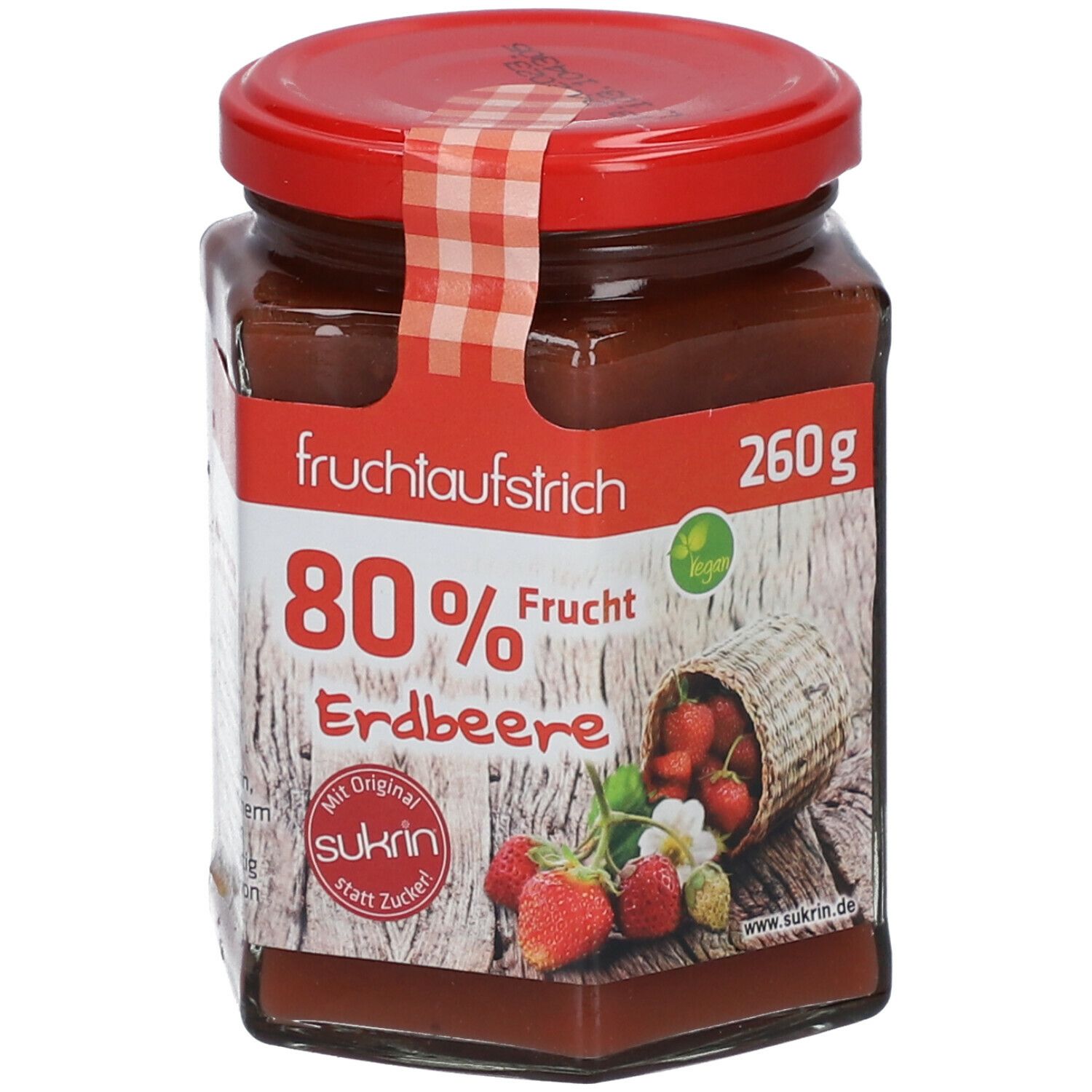 Glas mit Erdbeer-Fruchtaufstrich. Roter Deckel, Etikett mit Aufschrift '80% Frucht Erdbeere' und 'Sukrin'.