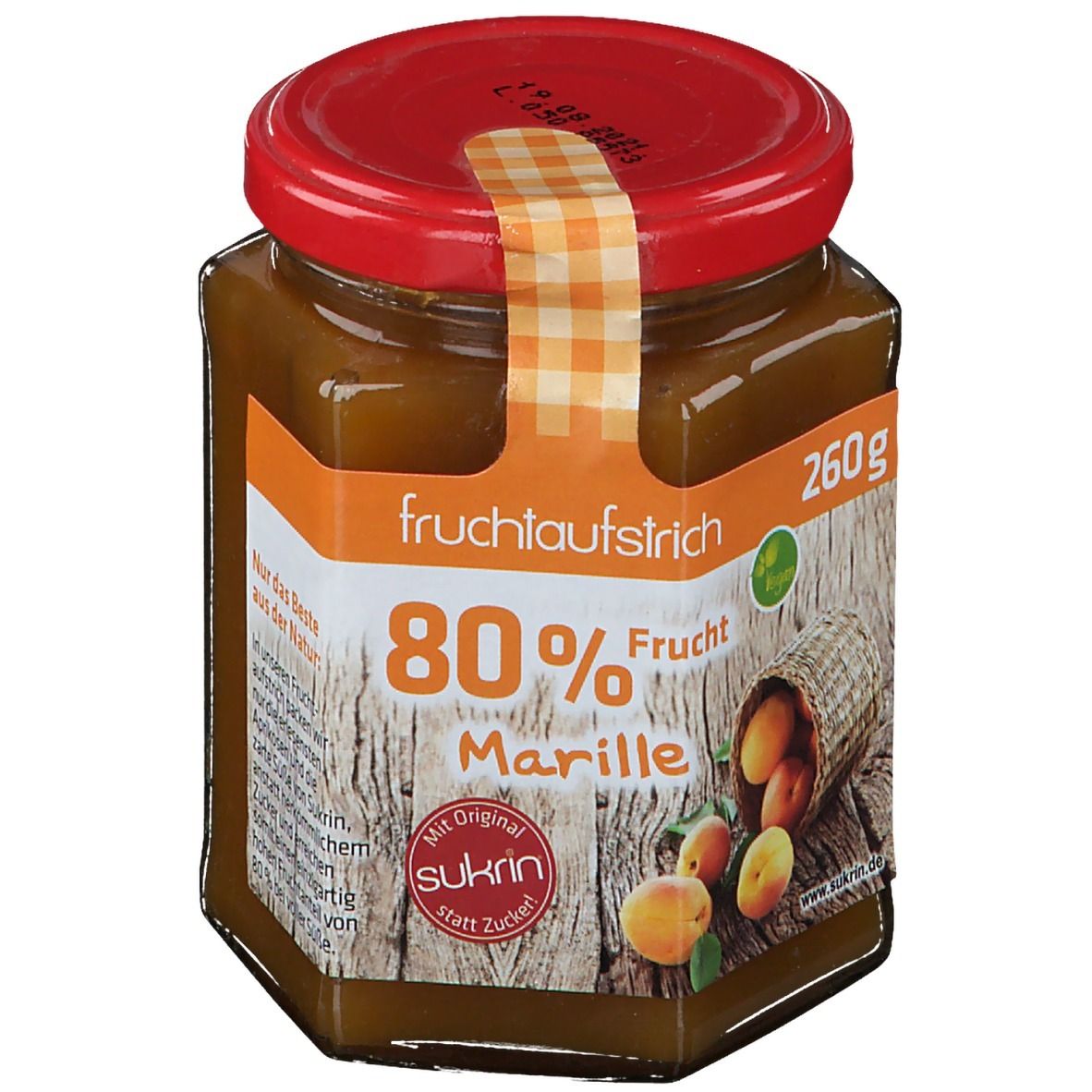 Glas mit Aprikosen-Fruchtaufstrich, 80% Fruchtanteil. Roter Deckel, Etikett mit Marille und Sukrin-Logo.