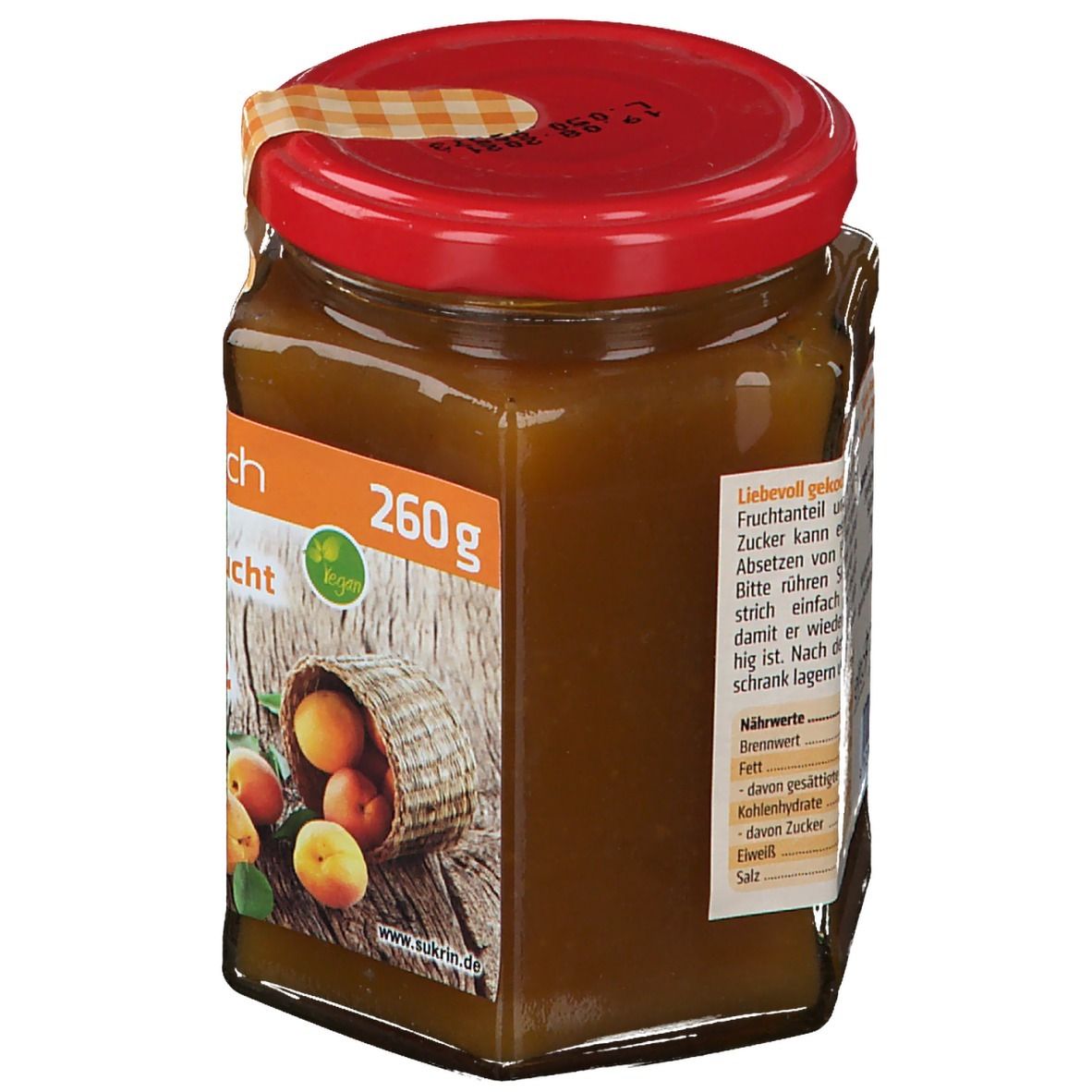 Glas mit Aprikosen-Fruchtaufstrich. Roter Deckel, Etikett mit 260g und veganem Siegel. Abbildung von Aprikosen.