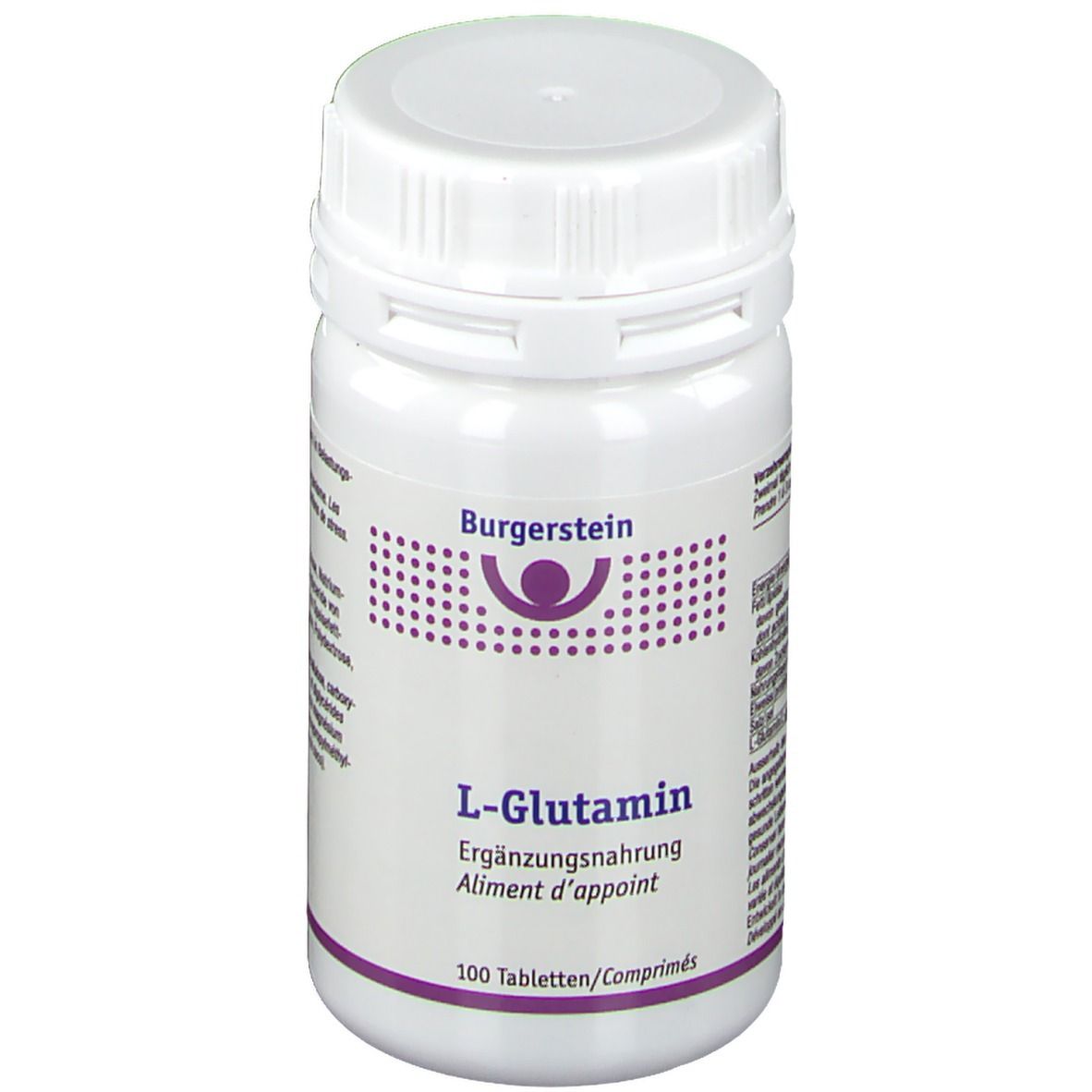 Weiße Flasche mit Burgerstein L-Glutamin Tabletten. Aufschrift: Ergänzungsnahrung. 100 Tabletten.
