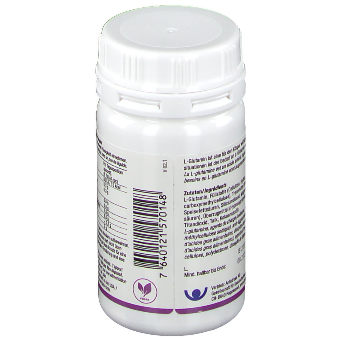 Rückseite der weißen Flasche mit Burgerstein L-Glutamin. Enthält Zutatenliste, Barcode und Text.