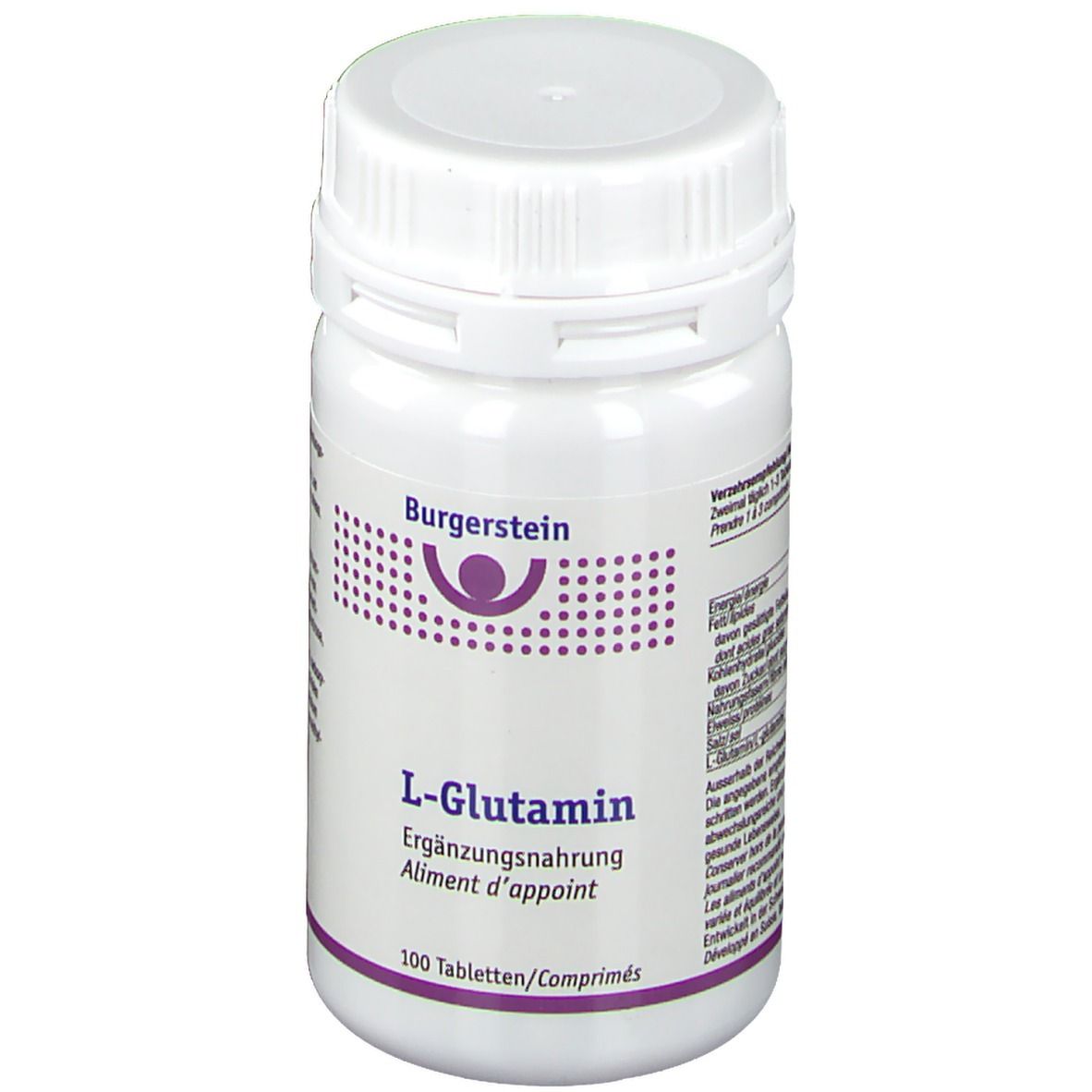 Weiße Flasche mit Burgerstein L-Glutamin Tabletten. Aufschrift: Ergänzungsnahrung. 100 Tabletten.