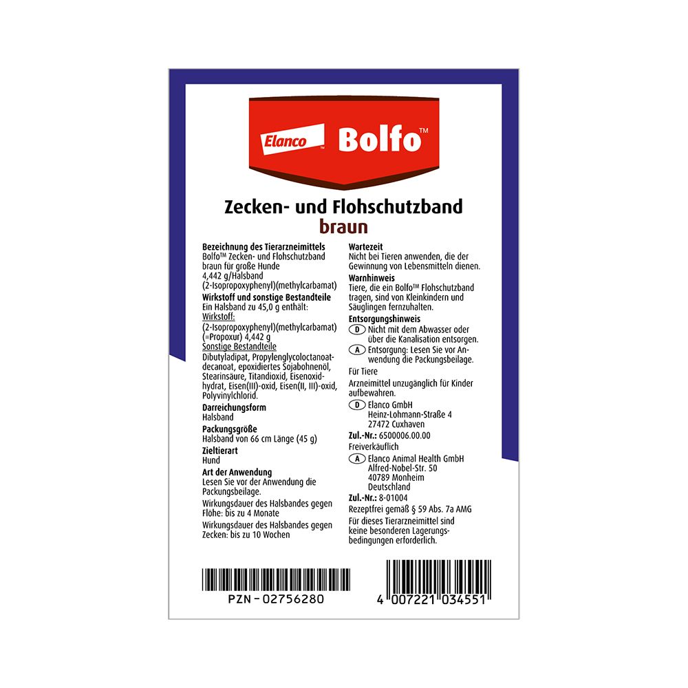Rückseite der Bolfo-Verpackung. Textinformationen zum Produkt, Inhaltsstoffe, Anwendung und Herstelleradresse. Weißer Hintergrund.