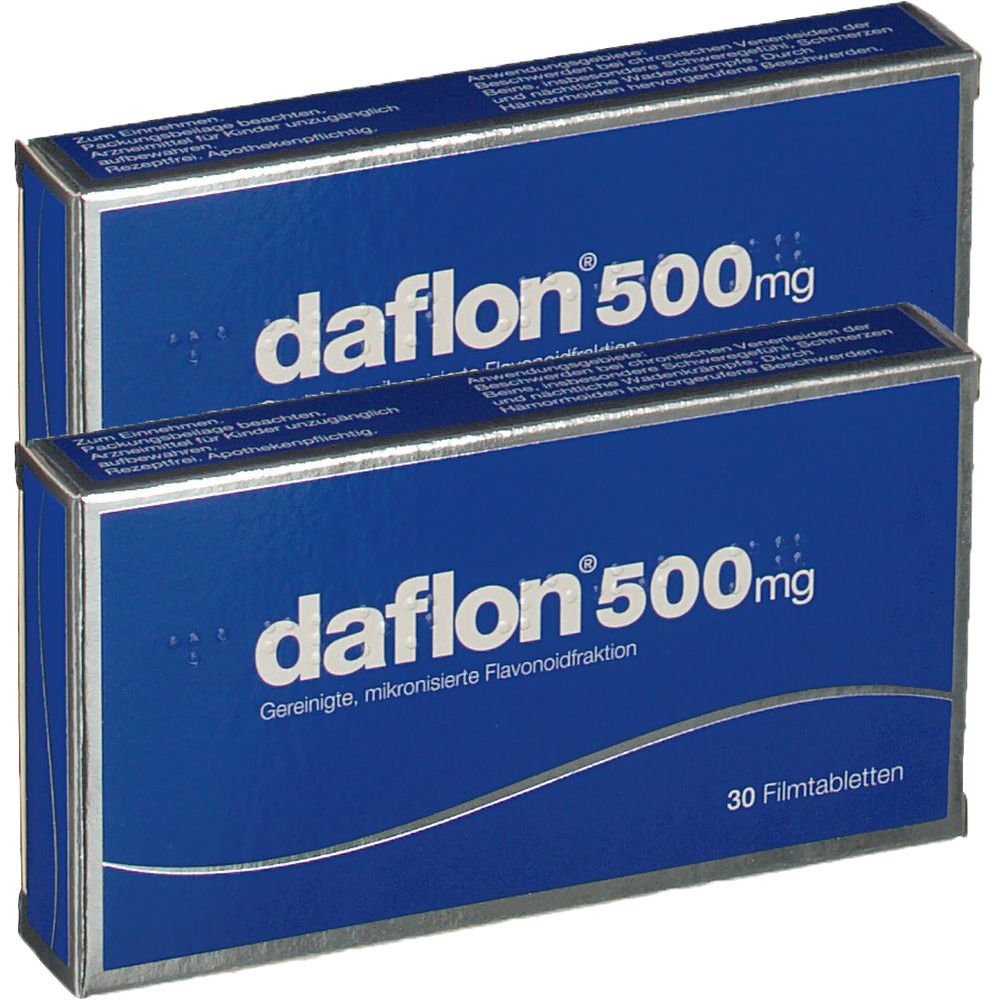 Zwei blaue Daflon 500 mg Filmtabletten-Packungen. Aufschrift: Daflon 500 mg, 30 Filmtabletten. Silberner Rahmen.