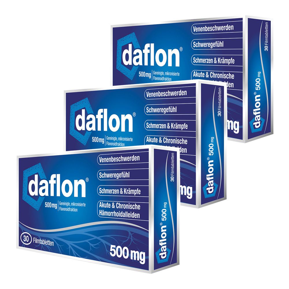 Drei Daflon 500 mg Filmtabletten Packungen mit 30 Tabletten.