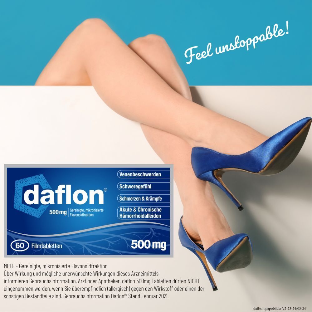 Daflon 500 mg Filmtabletten (60 Stk.) neben stilisierten Beinen in blauen Pumps.