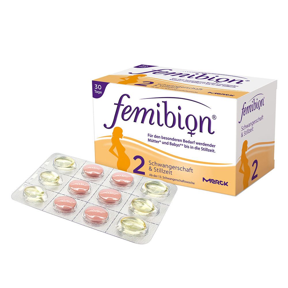 Femibion 2 Schwangerschaft + Stillzeit Doppelpack. Tabletten und Kapseln in Blisterpackung und Karton.